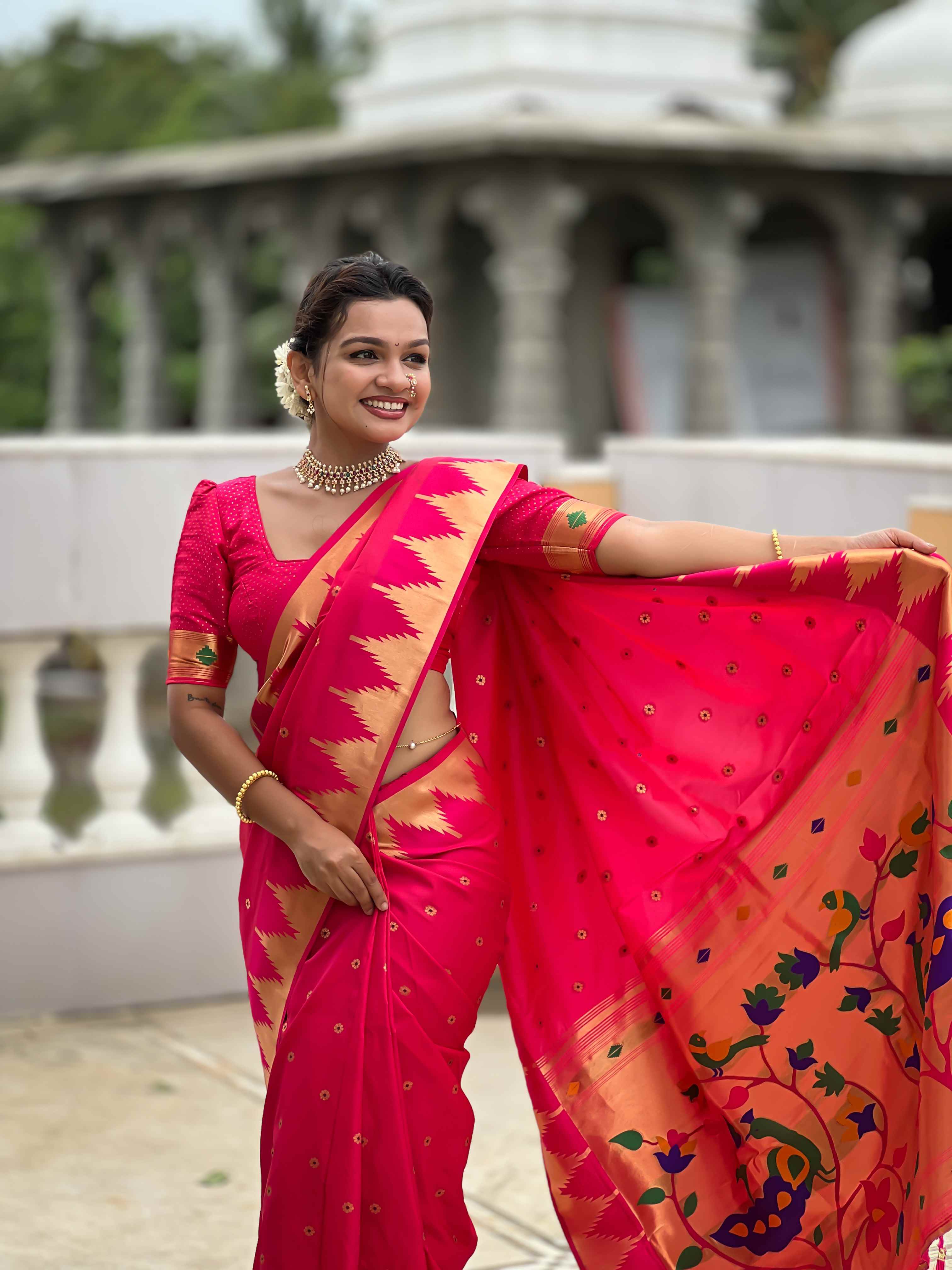 Rani Pink Paithani Silk Saree with Meenakari Rich Pallu & Temple Weaving Border