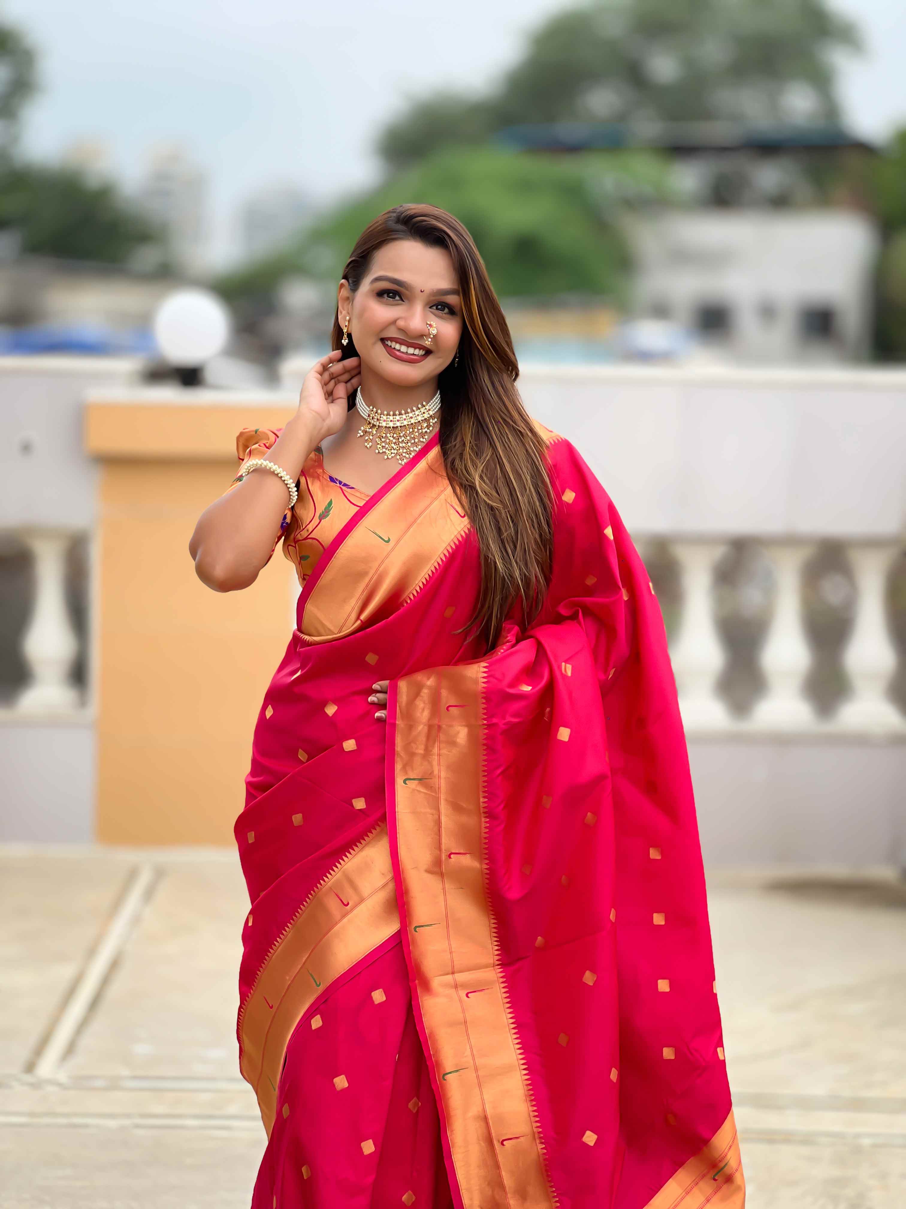 Rani Pink Paithani Silk Saree with Zari Weaving, Meenakari Pallu & Double Munia Border