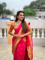 Rani Pink Paithani Silk Saree with Zari Weaving, Meenakari Pallu & Double Munia Border