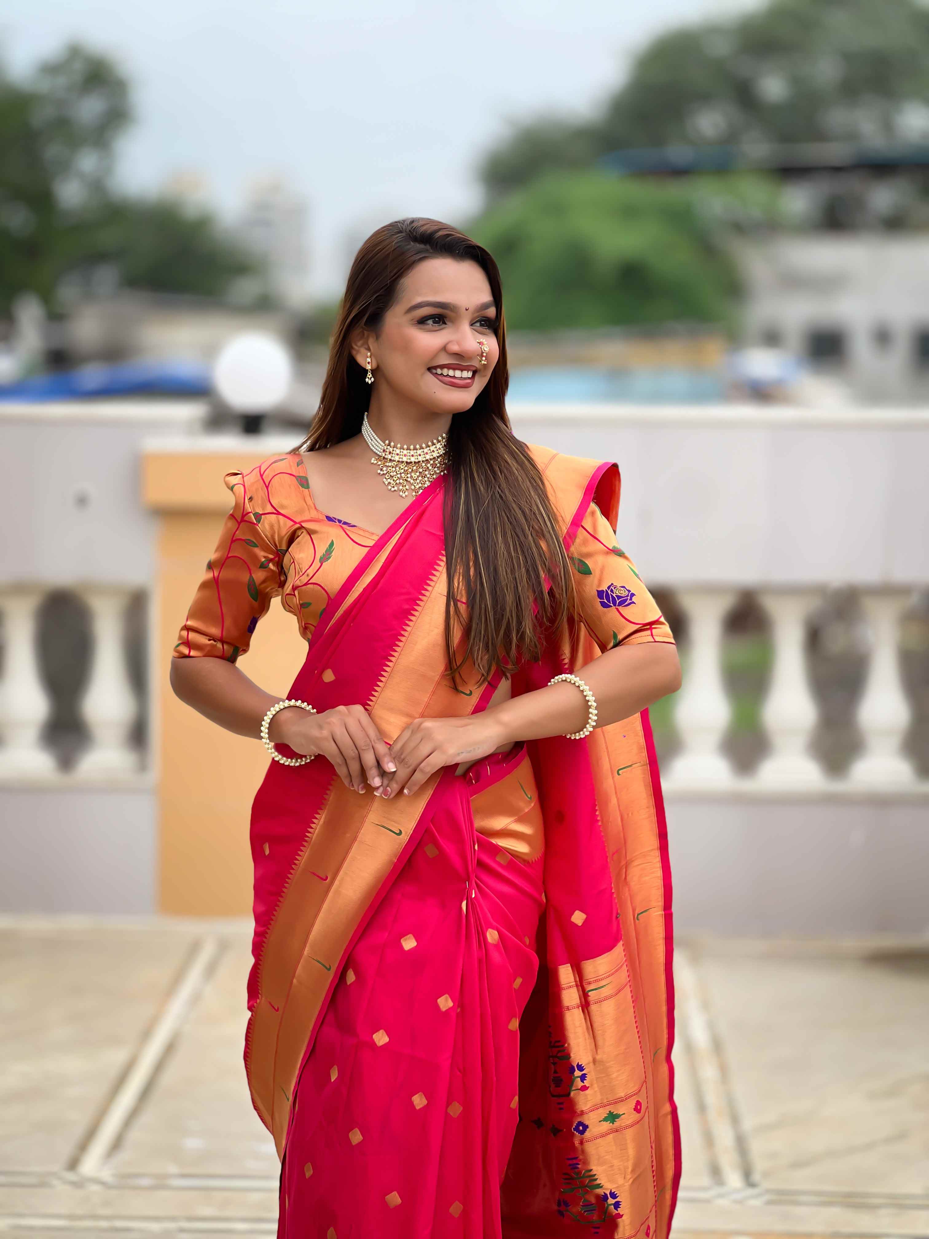 Rani Pink Paithani Silk Saree with Zari Weaving, Meenakari Pallu & Double Munia Border