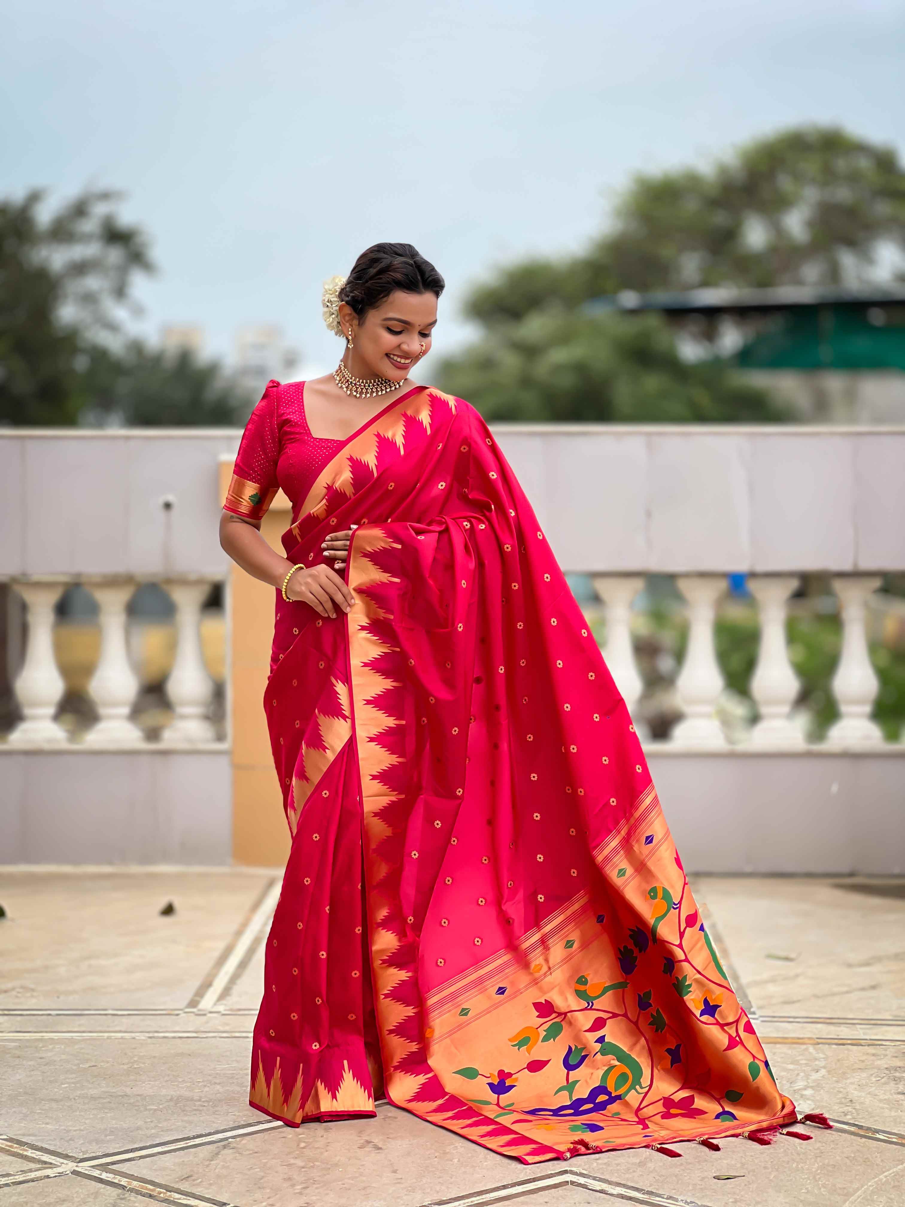 Rani Pink Paithani Silk Saree with Meenakari Rich Pallu & Temple Weaving Border