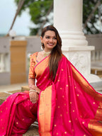 Rani Pink Paithani Silk Saree with Zari Weaving, Meenakari Pallu & Double Munia Border
