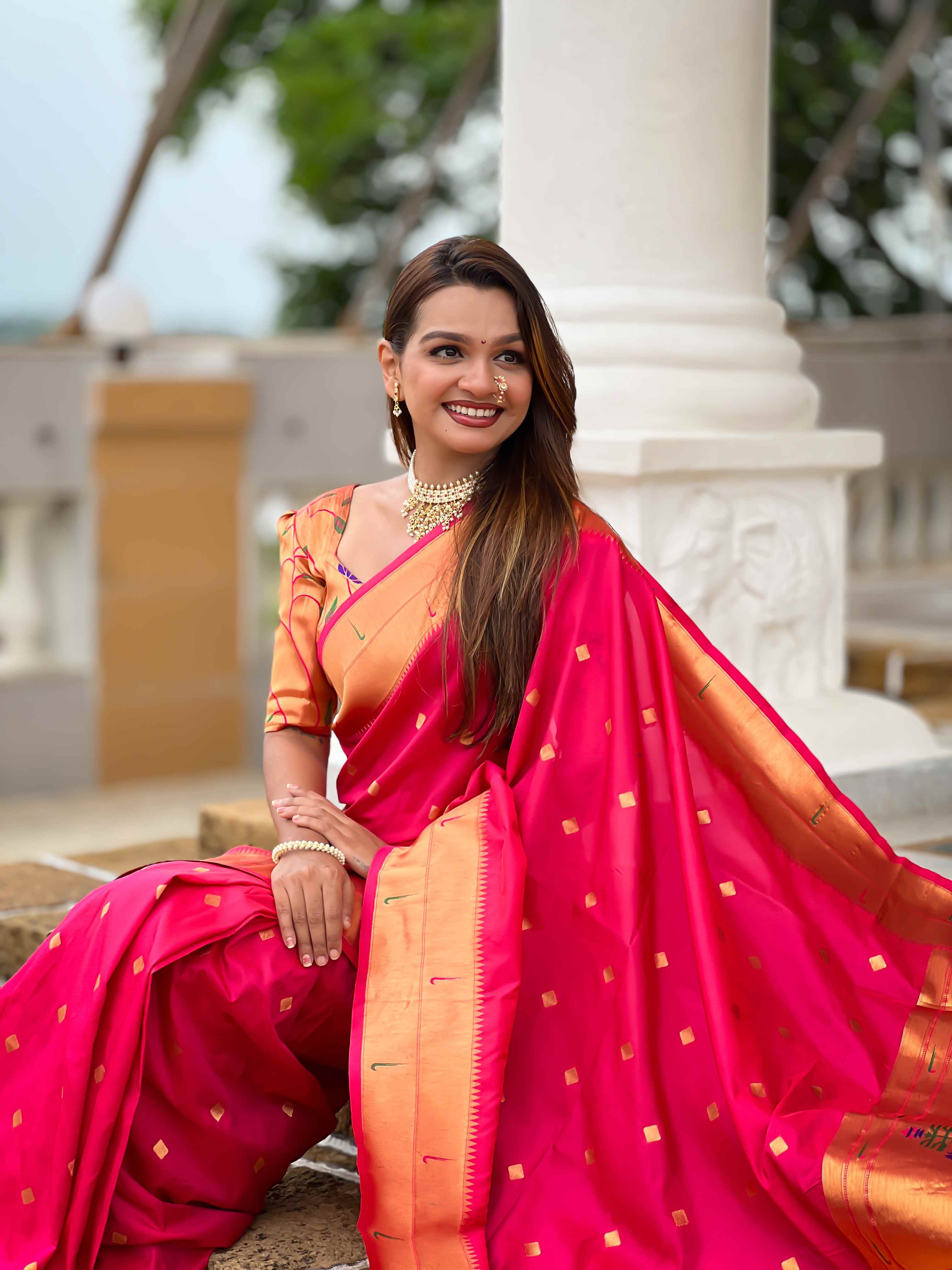 Rani Pink Paithani Silk Saree with Zari Weaving, Meenakari Pallu & Double Munia Border