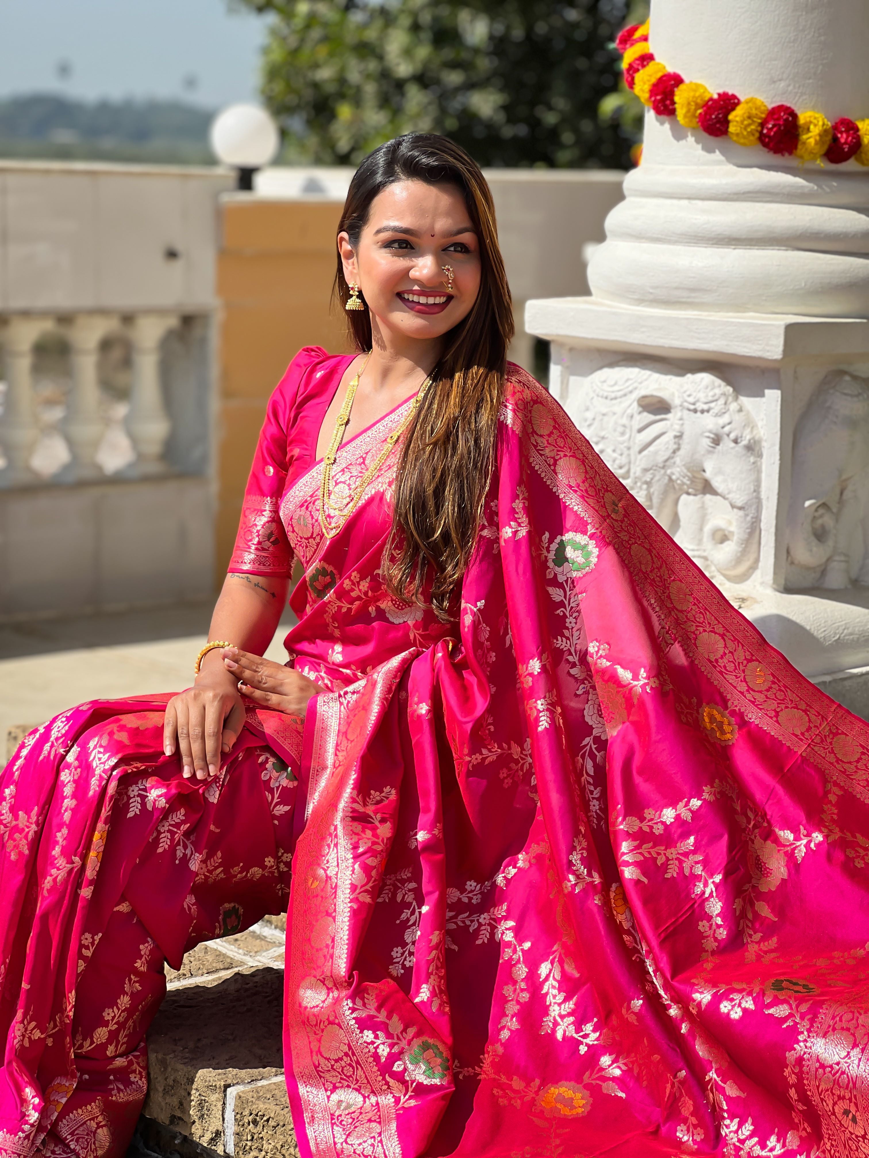 Rani Pink Varni Fabrics Women Floral Banarasi Silk Woven Saree comes With Matching Blouse