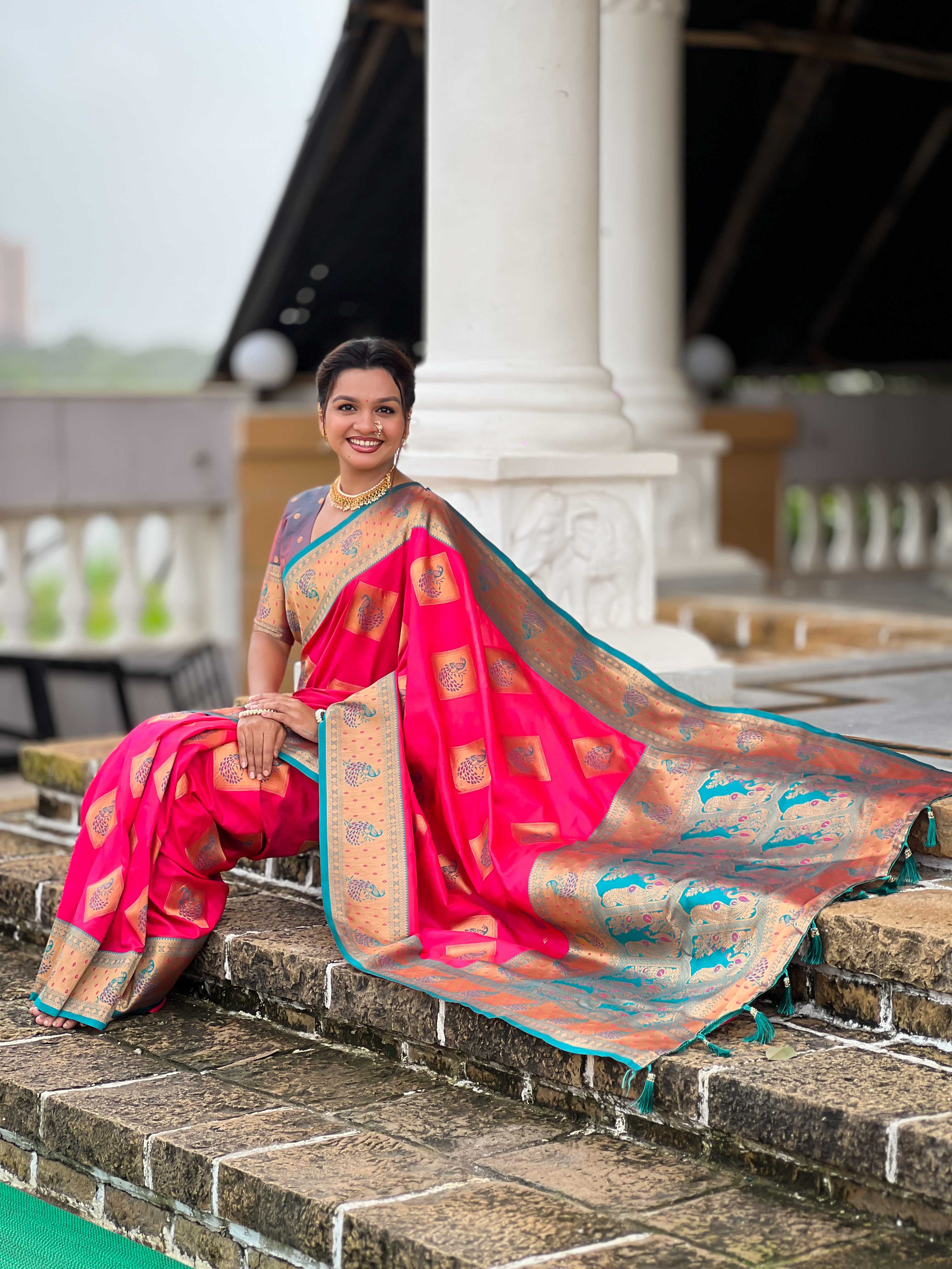 Rani Pink Soft Banarasi silk saree with zari weaving Meenakari design all over the saree & contrast weawing Rich pallu with contrast weawing border & tessels attached at Pallu End. Blouse :- Soft silk weawing blouse piece