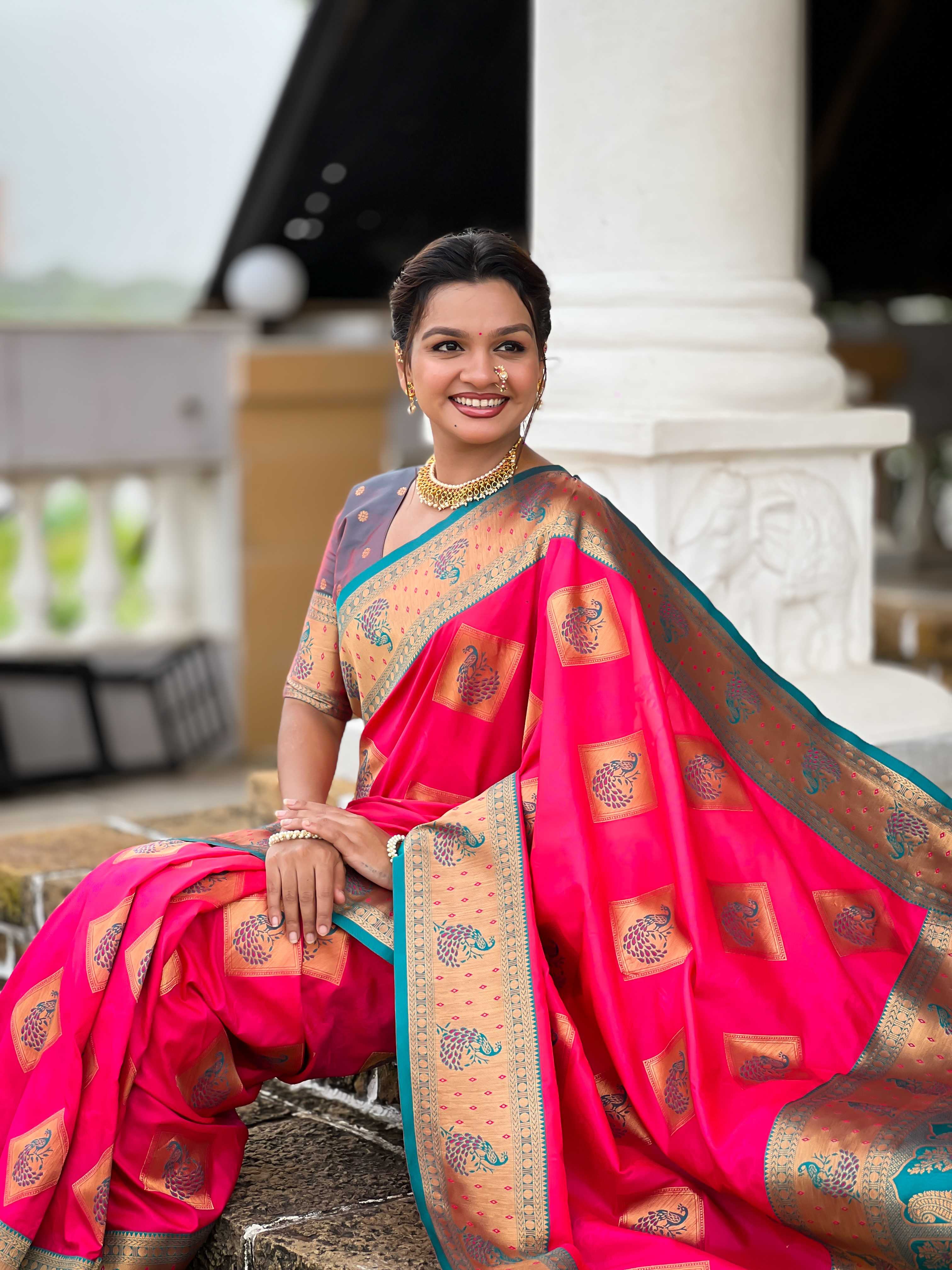 Rani Pink Soft Banarasi silk saree with zari weaving Meenakari design all over the saree & contrast weawing Rich pallu with contrast weawing border & tessels attached at Pallu End. Blouse :- Soft silk weawing blouse piece