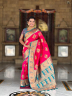 Rani Pink Soft Banarasi silk saree with zari weaving Meenakari design all over the saree & contrast weawing Rich pallu with contrast weawing border & tessels attached at Pallu End. Blouse :- Soft silk weawing blouse piece