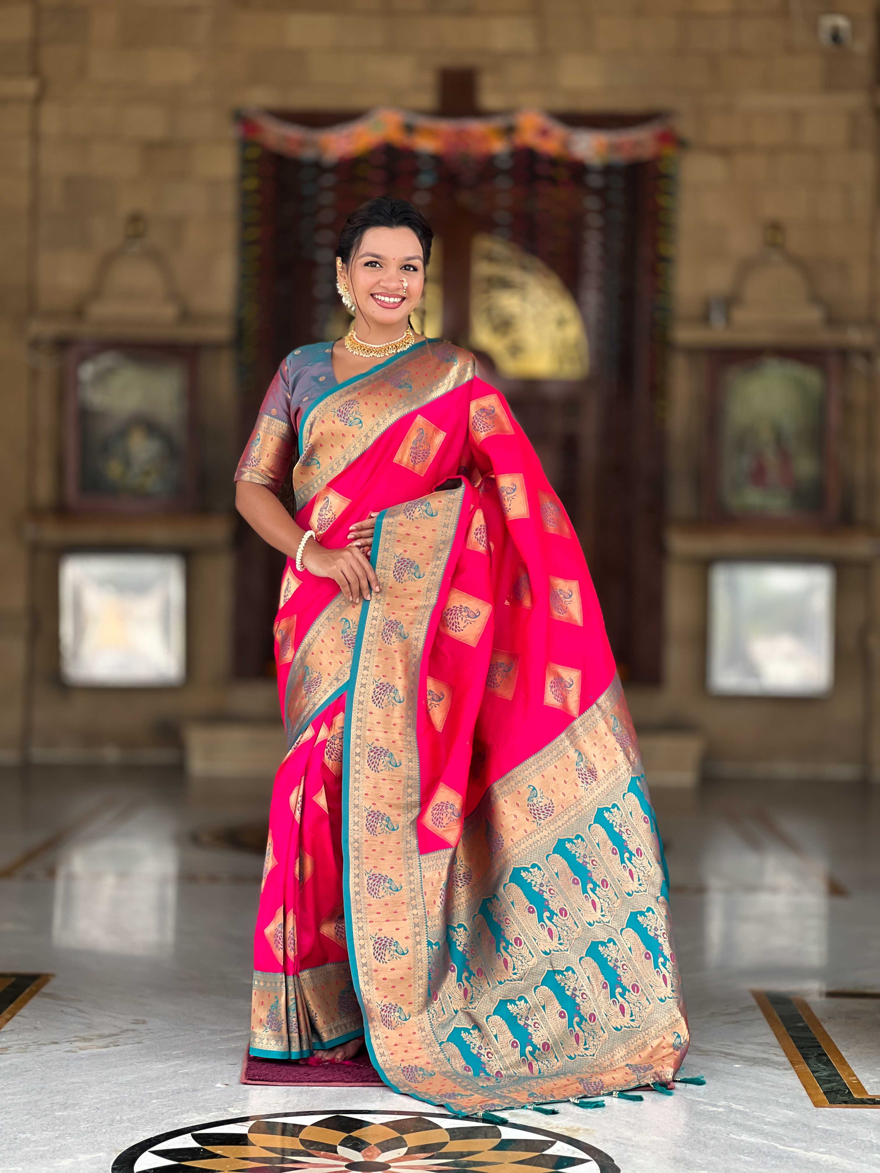 Rani Pink Soft Banarasi silk saree with zari weaving Meenakari design all over the saree & contrast weawing Rich pallu with contrast weawing border & tessels attached at Pallu End. Blouse :- Soft silk weawing blouse piece