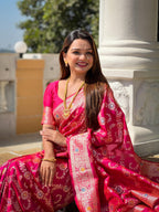 Rani Pink Varni Fabrics Women Geometric Banarasi Silk Tassels and Latkans Saree comes With Matching Blouse