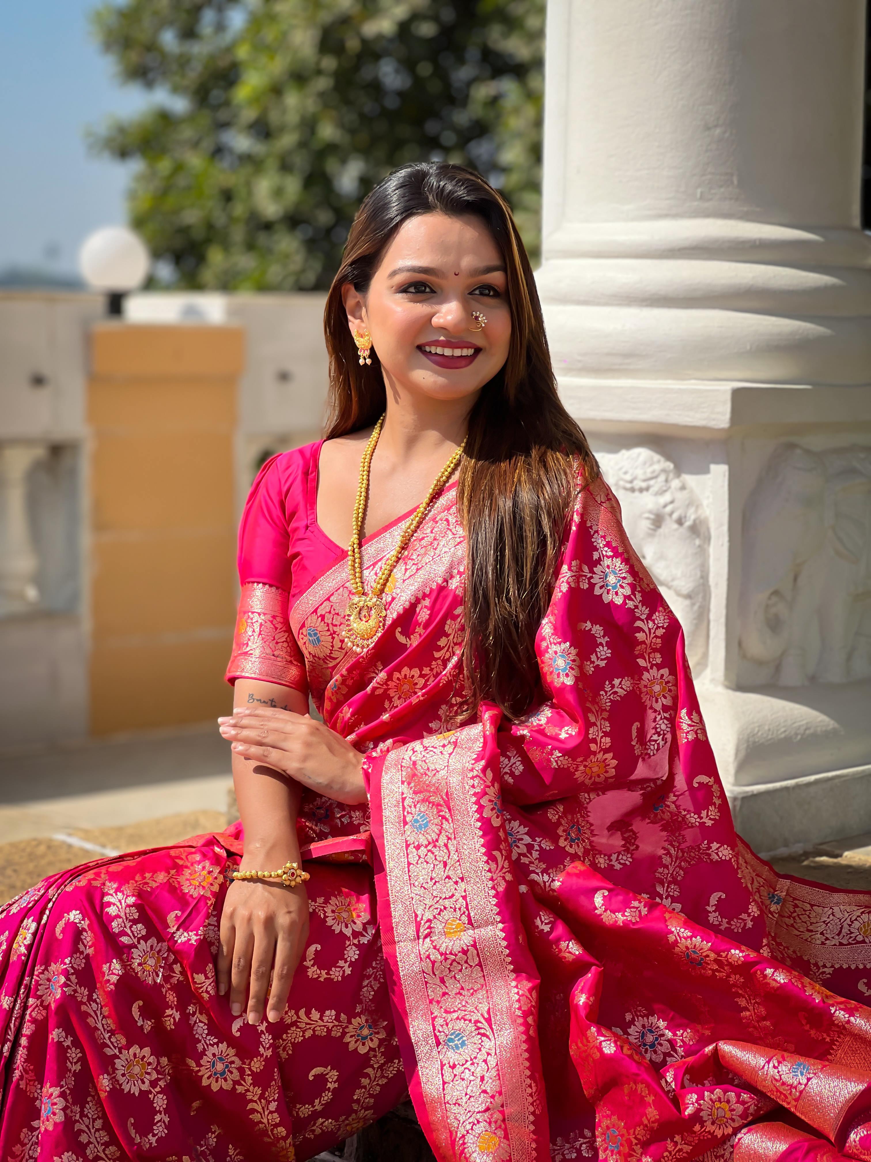Rani Pink Varni Fabrics Women Geometric Banarasi Silk Tassels and Latkans Saree comes With Matching Blouse