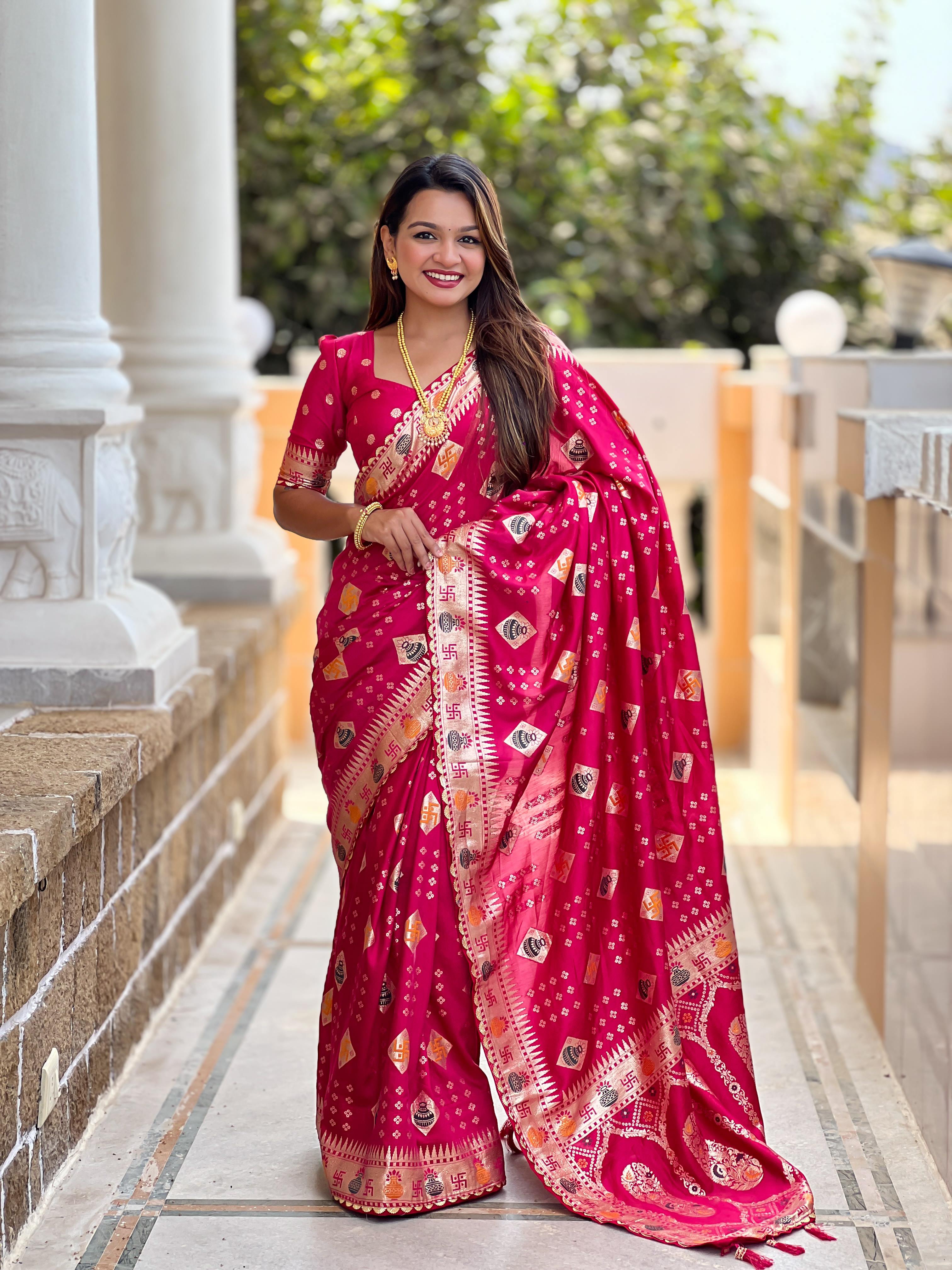 Rani Pink Varni Fabrics Women Floral Dolla Silk Tassels and Latkans Saree comes With Matching Blouse