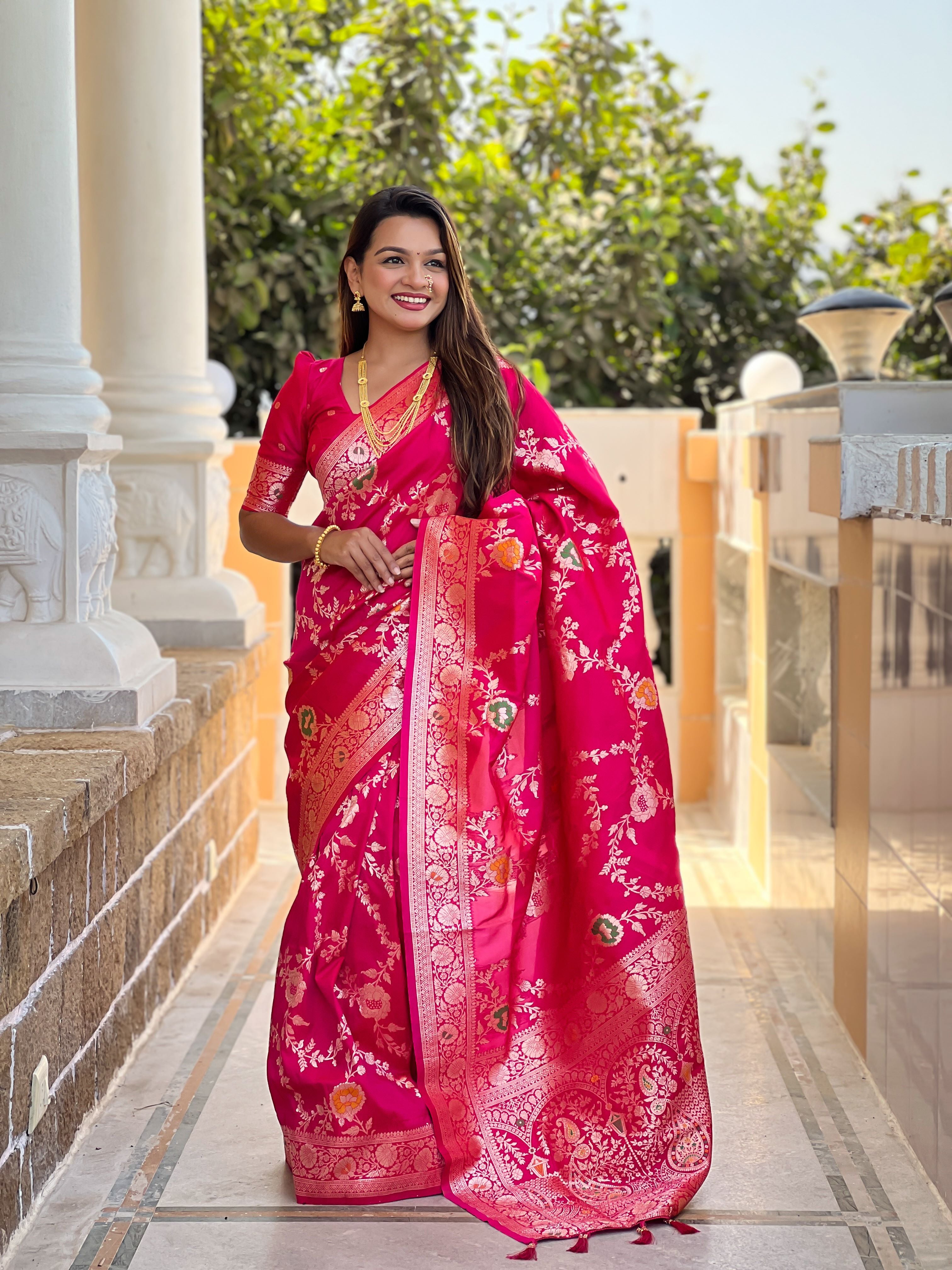 Rani Pink Varni Fabrics Women Floral Banarasi Silk Woven Saree comes With Matching Blouse