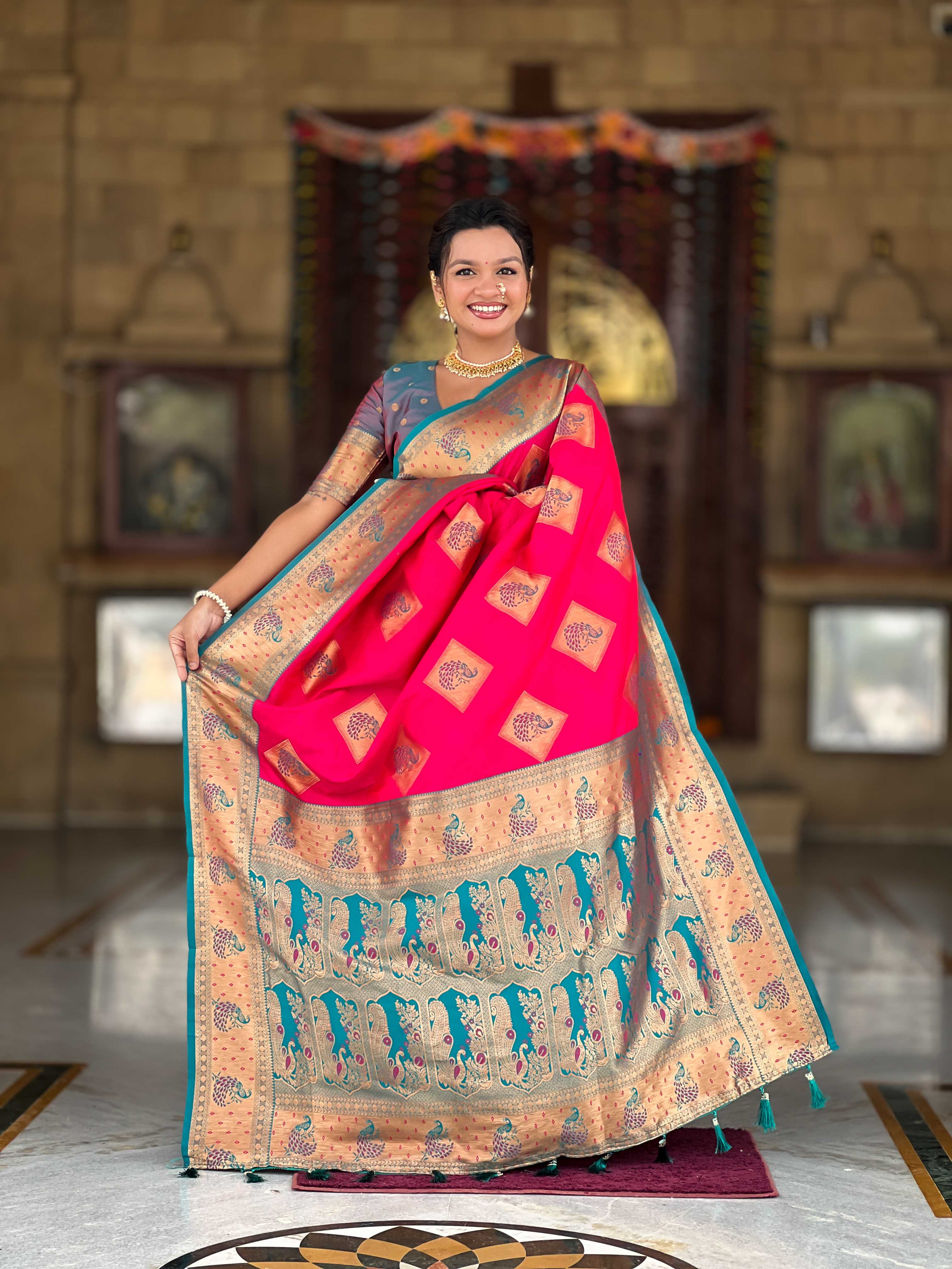 Rani Pink Soft Banarasi silk saree with zari weaving Meenakari design all over the saree & contrast weawing Rich pallu with contrast weawing border & tessels attached at Pallu End. Blouse :- Soft silk weawing blouse piece
