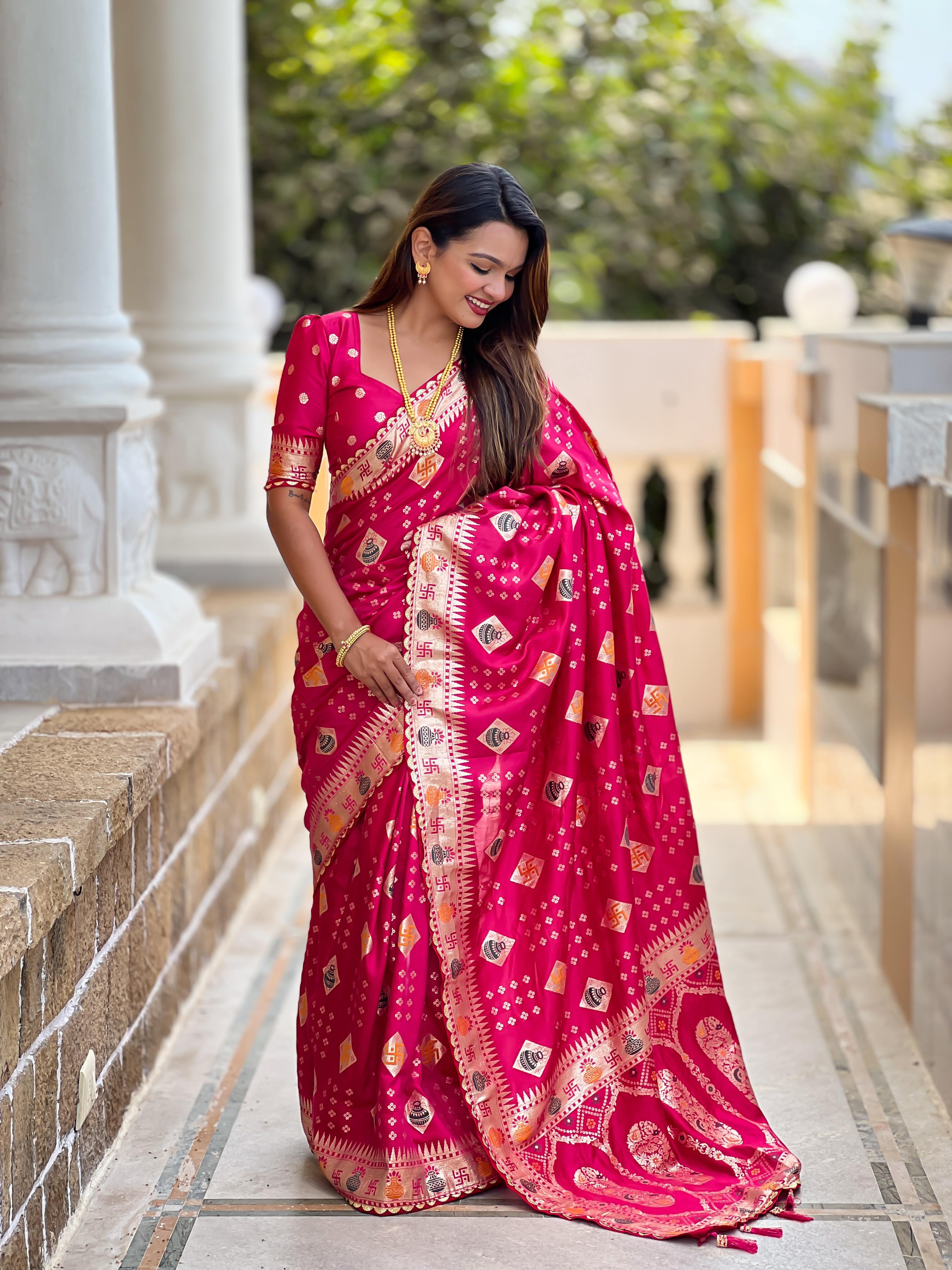 Rani Pink Varni Fabrics Women Floral Dolla Silk Tassels and Latkans Saree comes With Matching Blouse
