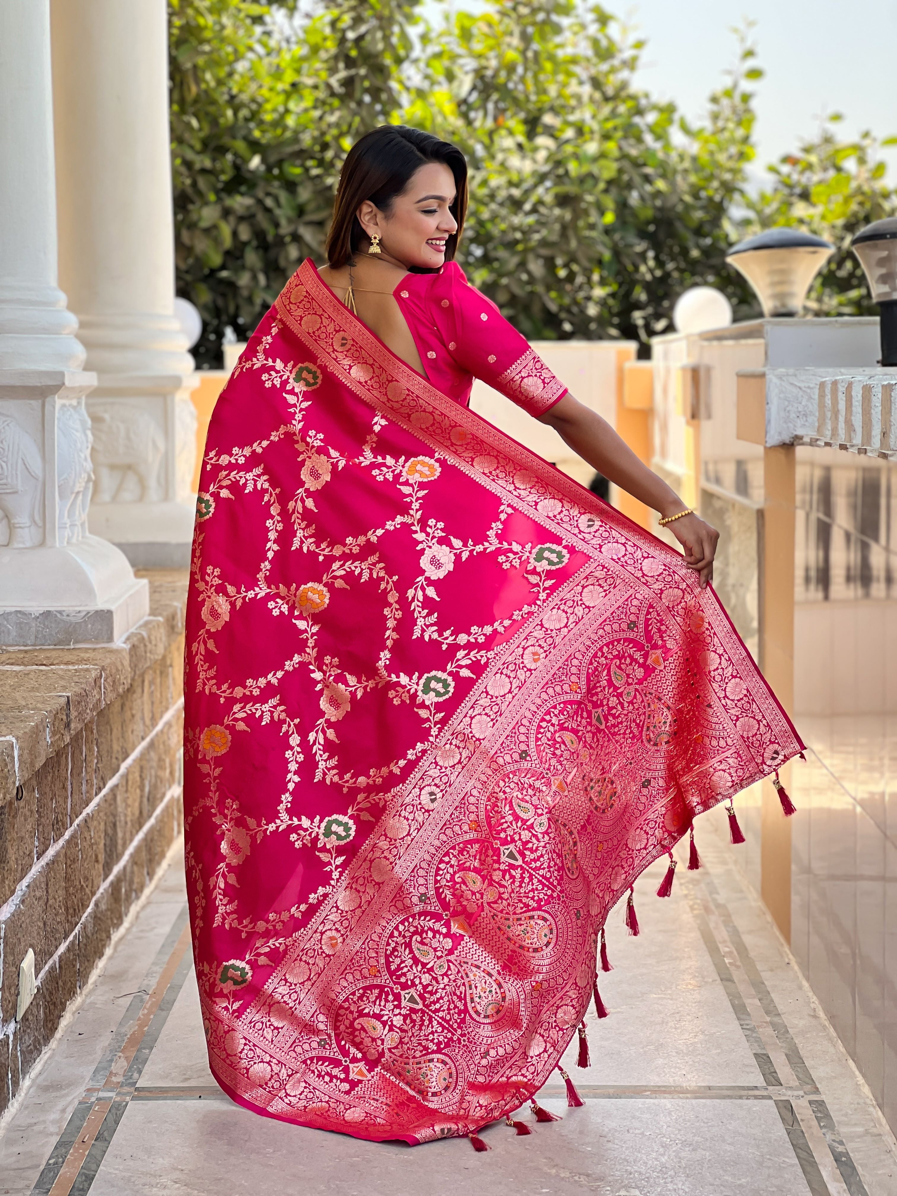 Rani Pink Varni Fabrics Women Floral Banarasi Silk Woven Saree comes With Matching Blouse
