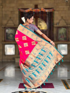 Rani Pink Soft Banarasi silk saree with zari weaving Meenakari design all over the saree & contrast weawing Rich pallu with contrast weawing border & tessels attached at Pallu End. Blouse :- Soft silk weawing blouse piece