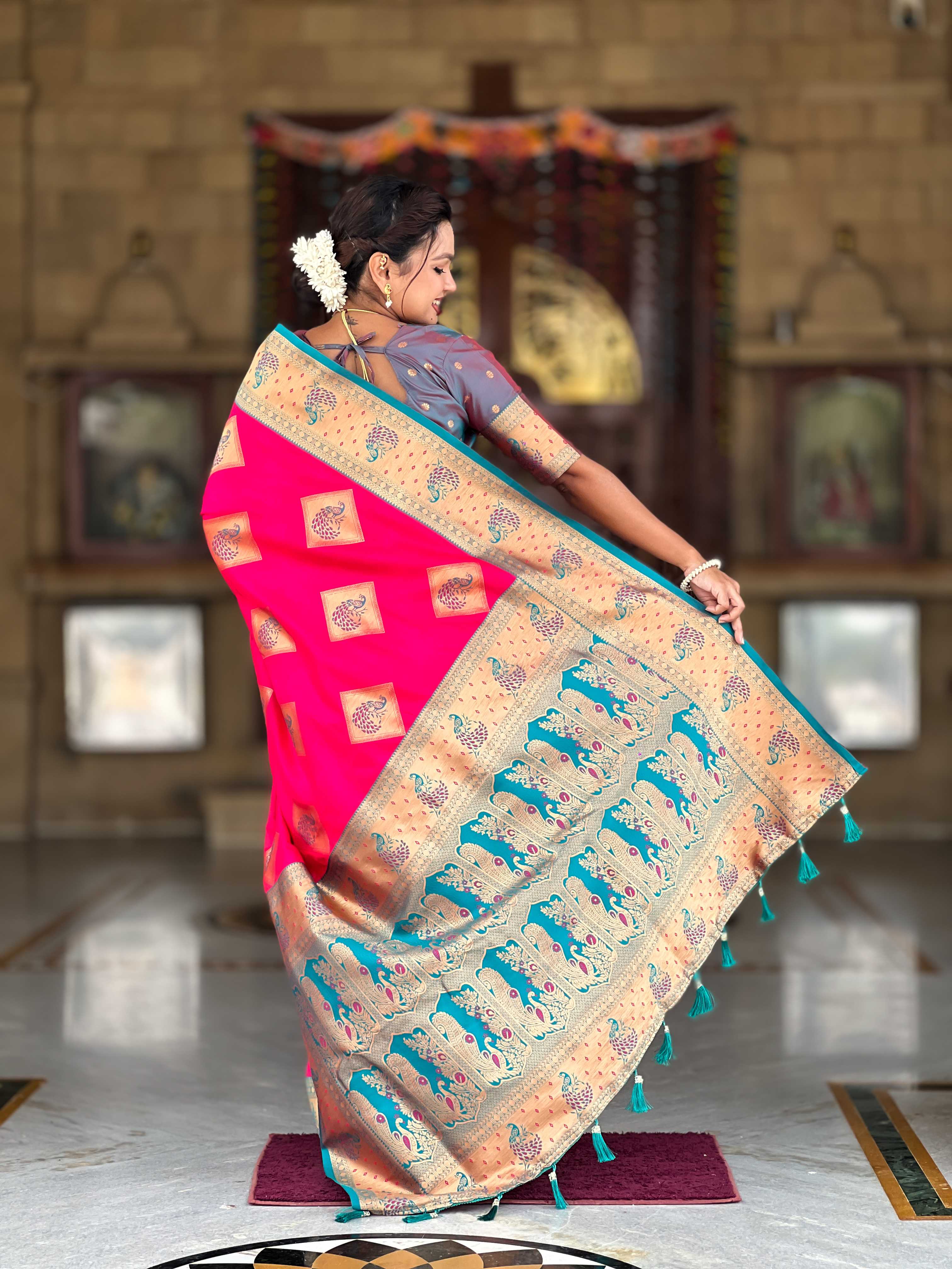 Rani Pink Soft Banarasi silk saree with zari weaving Meenakari design all over the saree & contrast weawing Rich pallu with contrast weawing border & tessels attached at Pallu End. Blouse :- Soft silk weawing blouse piece