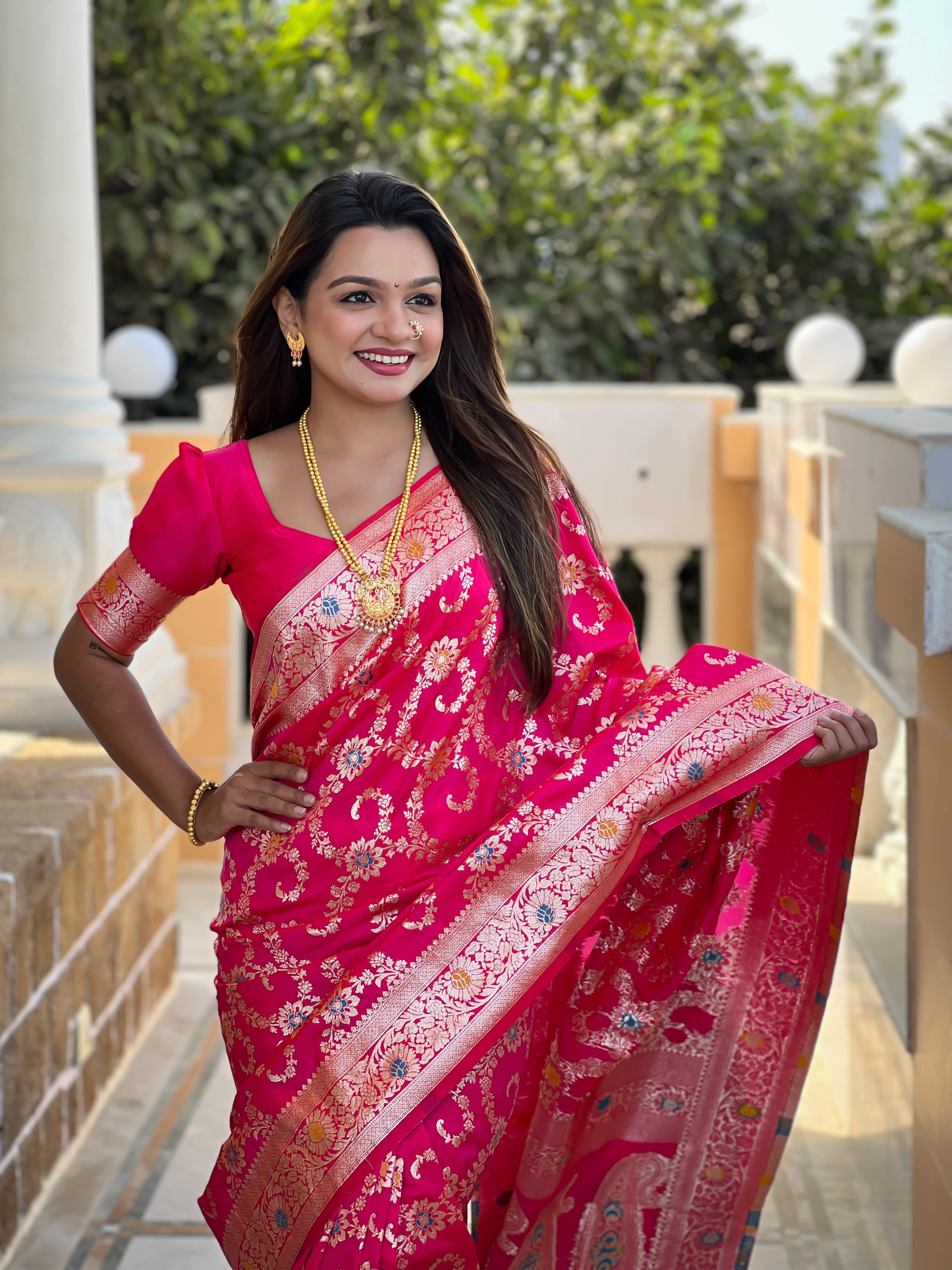 Rani Pink Varni Fabrics Women Geometric Banarasi Silk Tassels and Latkans Saree comes With Matching Blouse