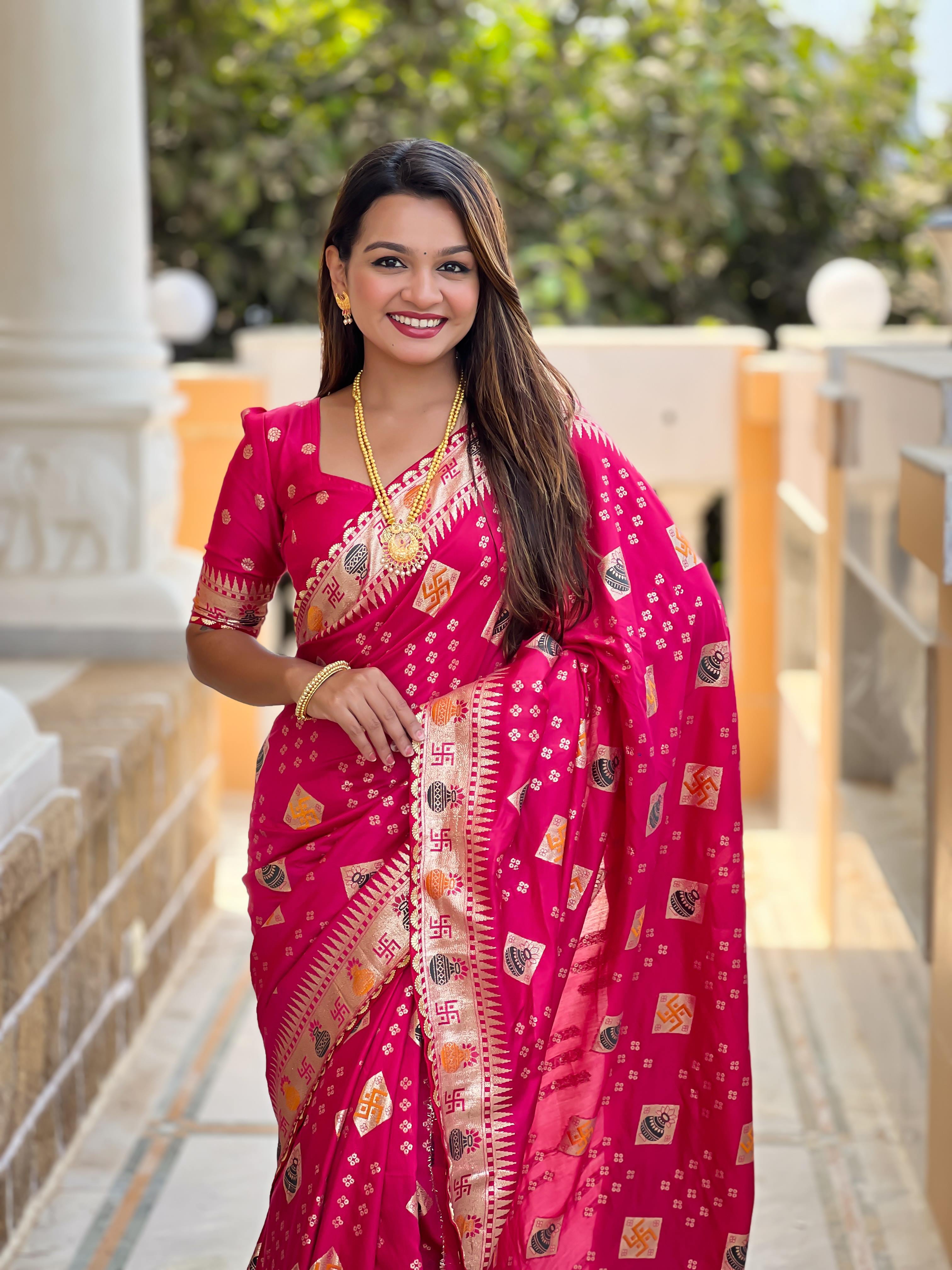 Rani Pink Varni Fabrics Women Floral Dolla Silk Tassels and Latkans Saree comes With Matching Blouse