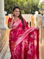 Rani Pink Varni Fabrics Women Floral Banarasi Silk Woven Saree comes With Matching Blouse