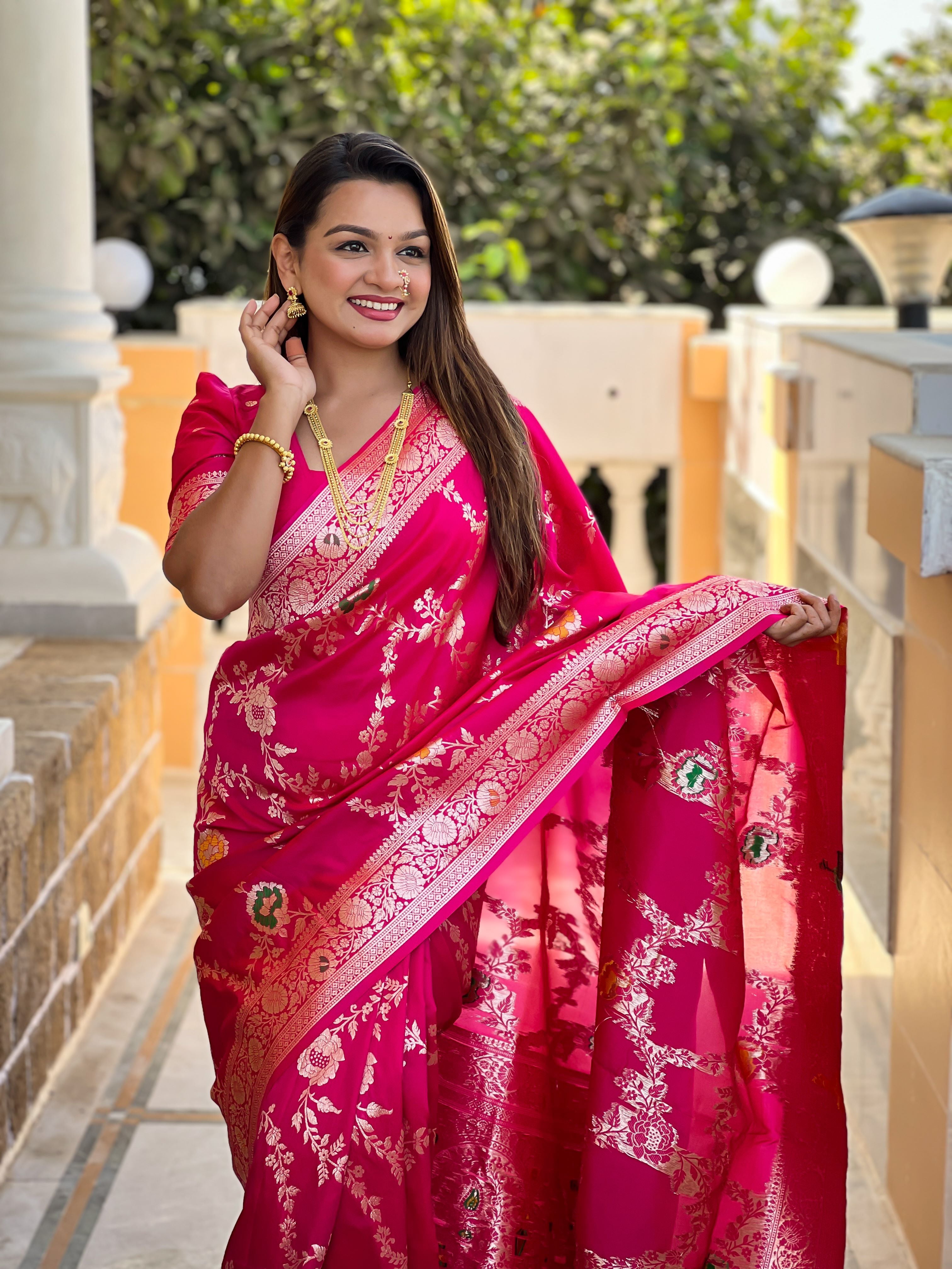 Rani Pink Varni Fabrics Women Floral Banarasi Silk Woven Saree comes With Matching Blouse