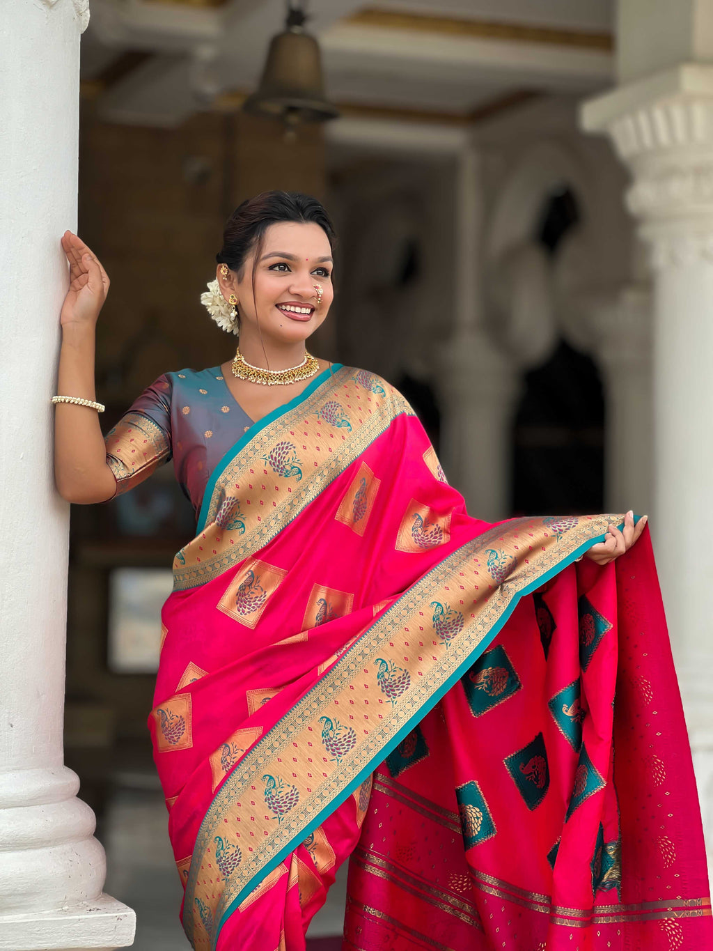Rani Pink Soft Banarasi silk saree with zari weaving Meenakari design all over the saree & contrast weawing Rich pallu with contrast weawing border & tessels attached at Pallu End. Blouse :- Soft silk weawing blouse piece
