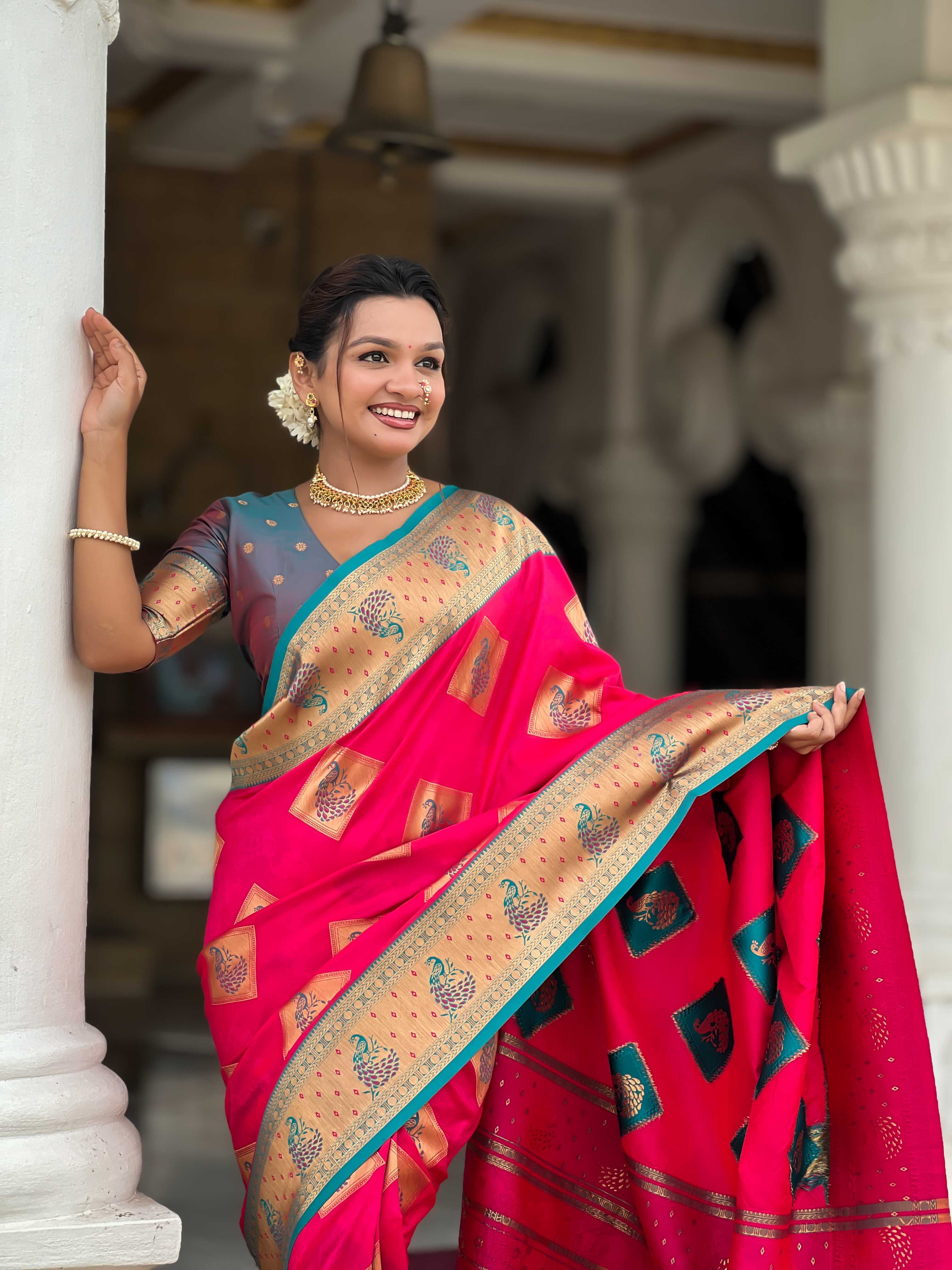 Rani Pink Soft Banarasi silk saree with zari weaving Meenakari design all over the saree & contrast weawing Rich pallu with contrast weawing border & tessels attached at Pallu End. Blouse :- Soft silk weawing blouse piece