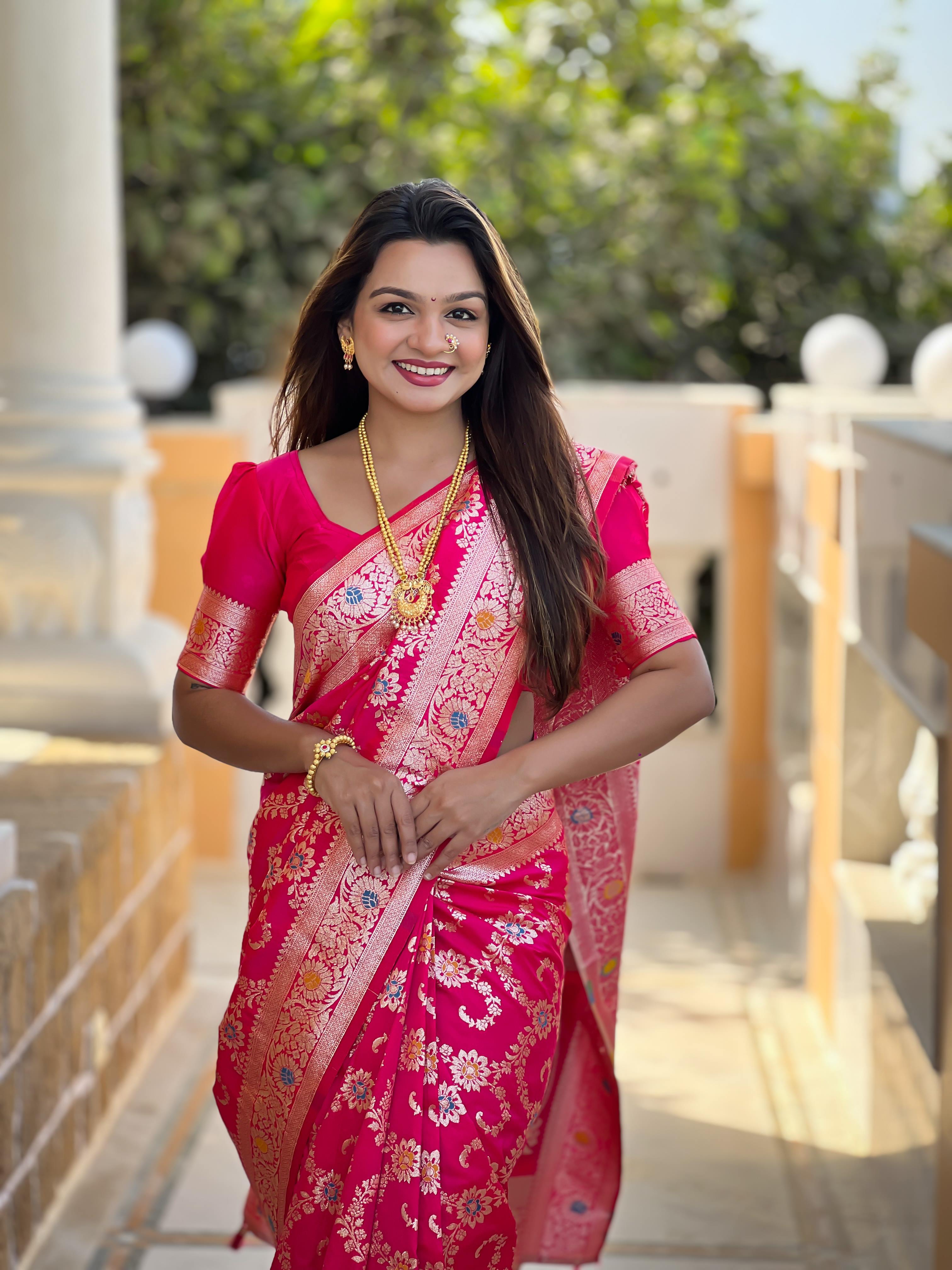 Rani Pink Varni Fabrics Women Geometric Banarasi Silk Tassels and Latkans Saree comes With Matching Blouse