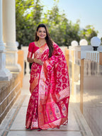 Rani Pink Varni Fabrics Women Geometric Banarasi Silk Tassels and Latkans Saree comes With Matching Blouse