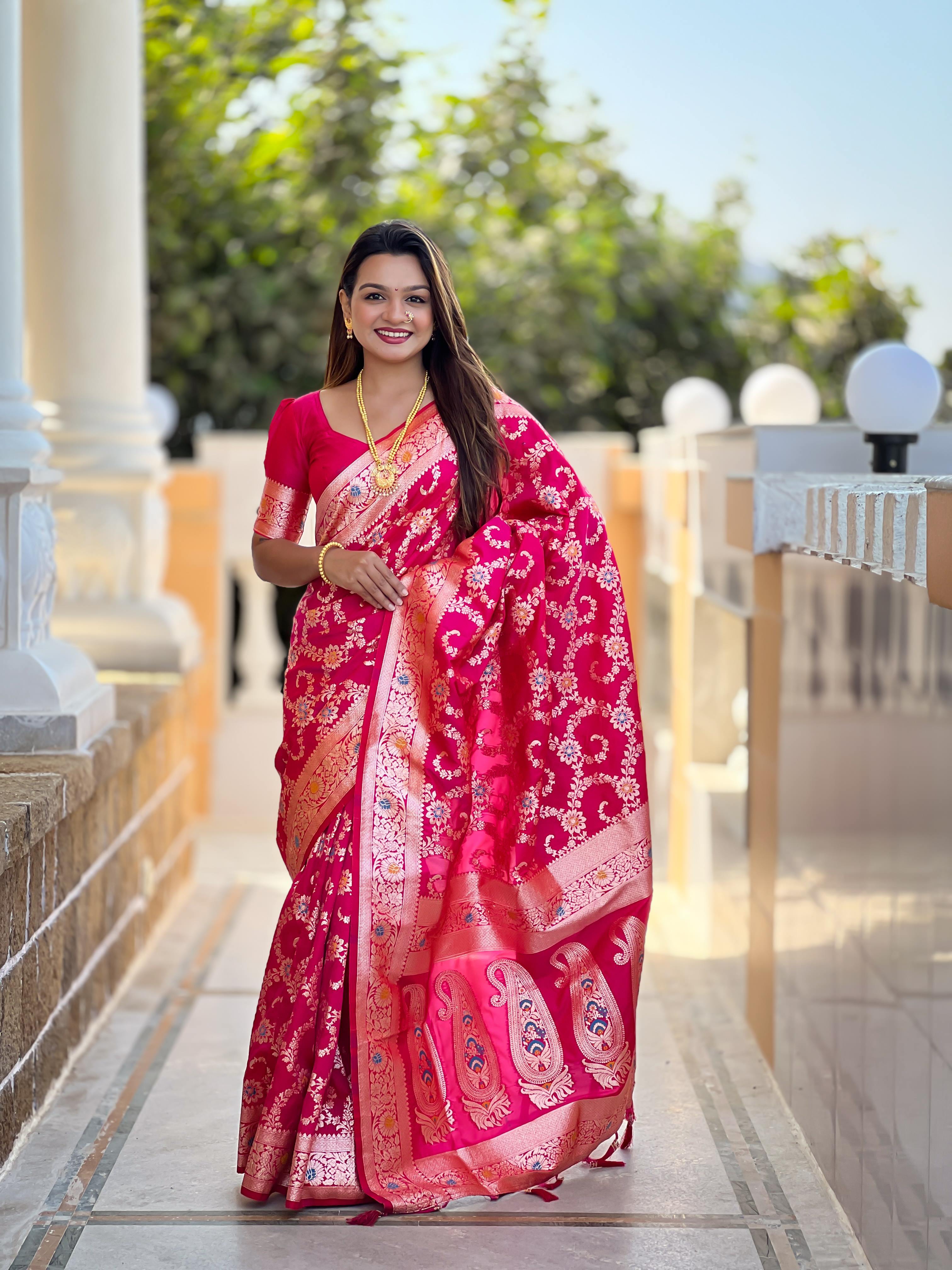 Rani Pink Varni Fabrics Women Geometric Banarasi Silk Tassels and Latkans Saree comes With Matching Blouse