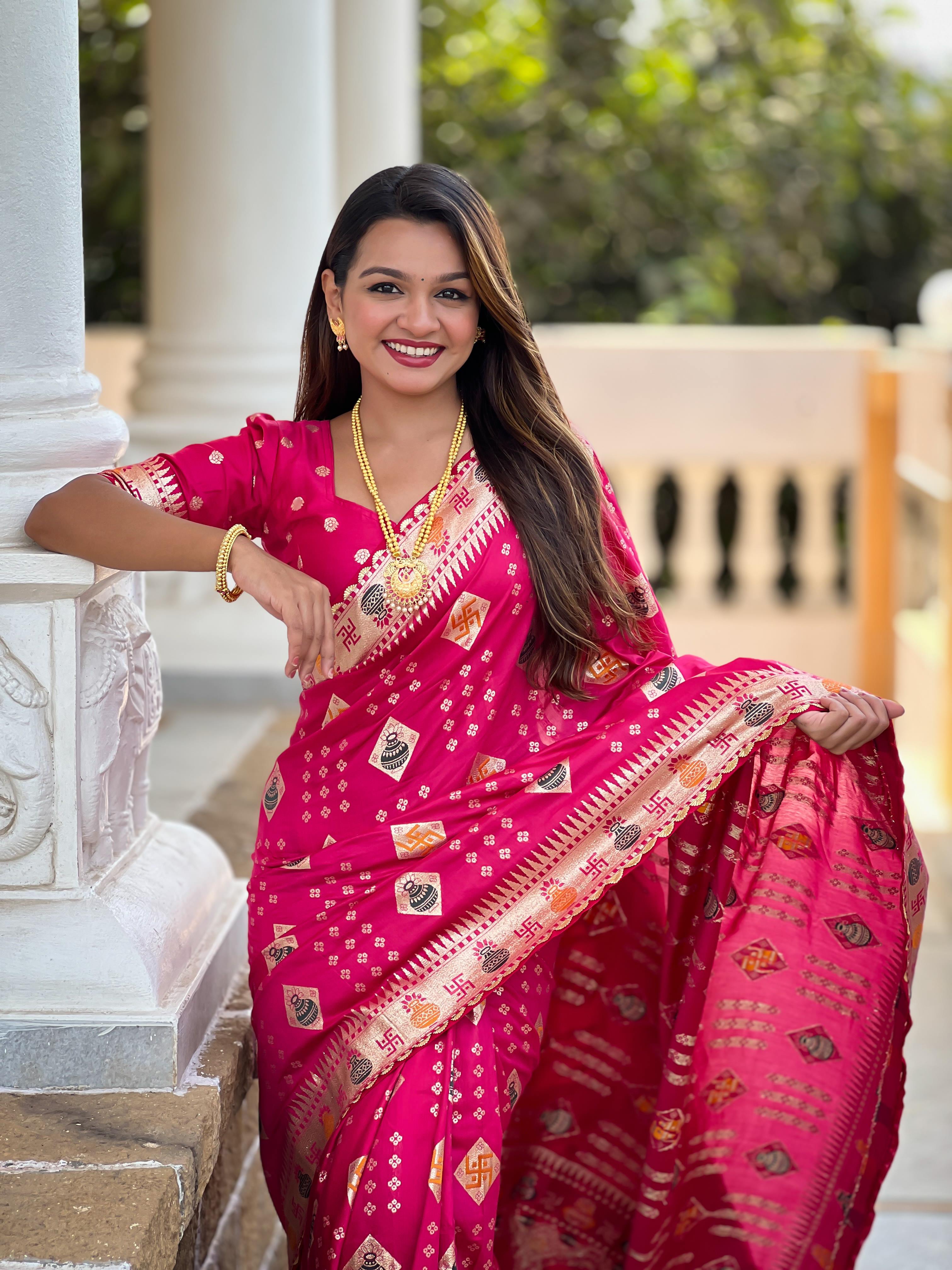 Rani Pink Varni Fabrics Women Floral Dolla Silk Tassels and Latkans Saree comes With Matching Blouse