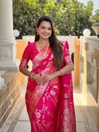 Rani Pink Varni Fabrics Women Floral Banarasi Silk Woven Saree comes With Matching Blouse