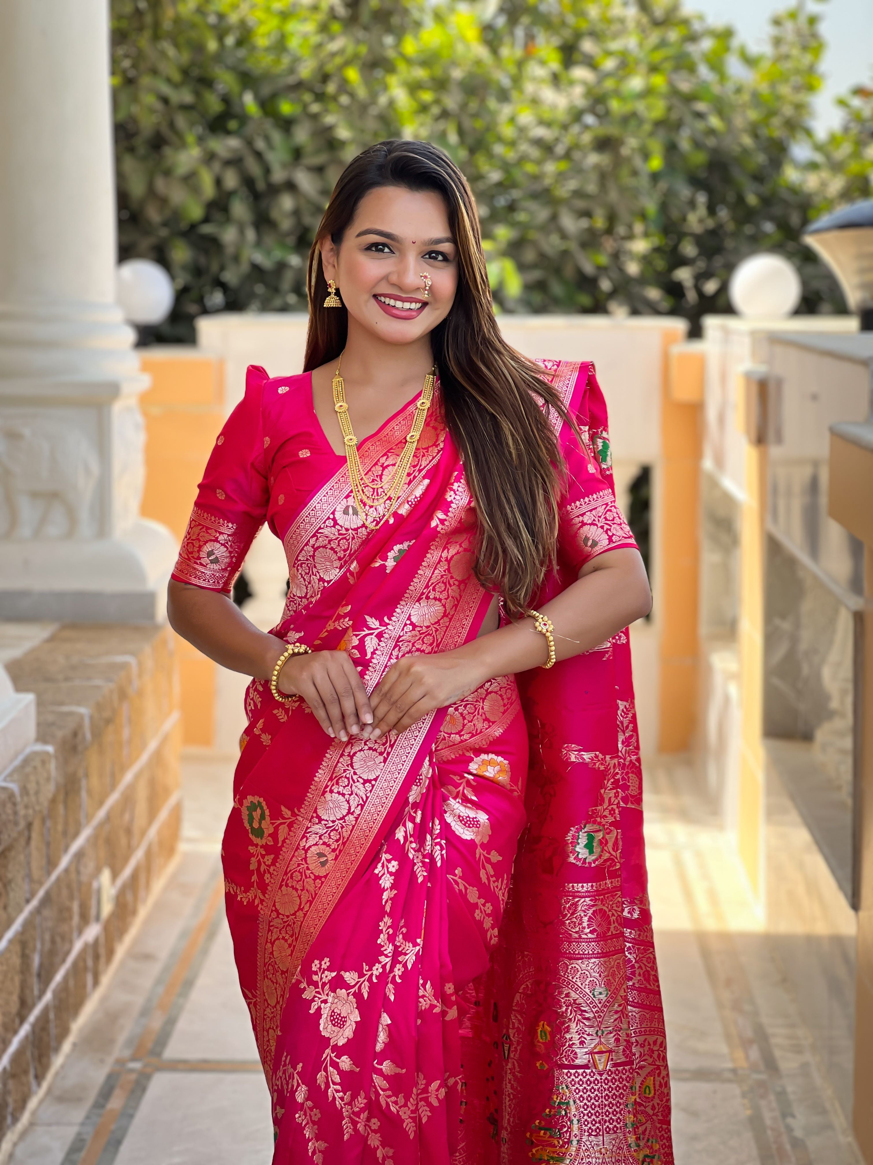 Rani Pink Varni Fabrics Women Floral Banarasi Silk Woven Saree comes With Matching Blouse