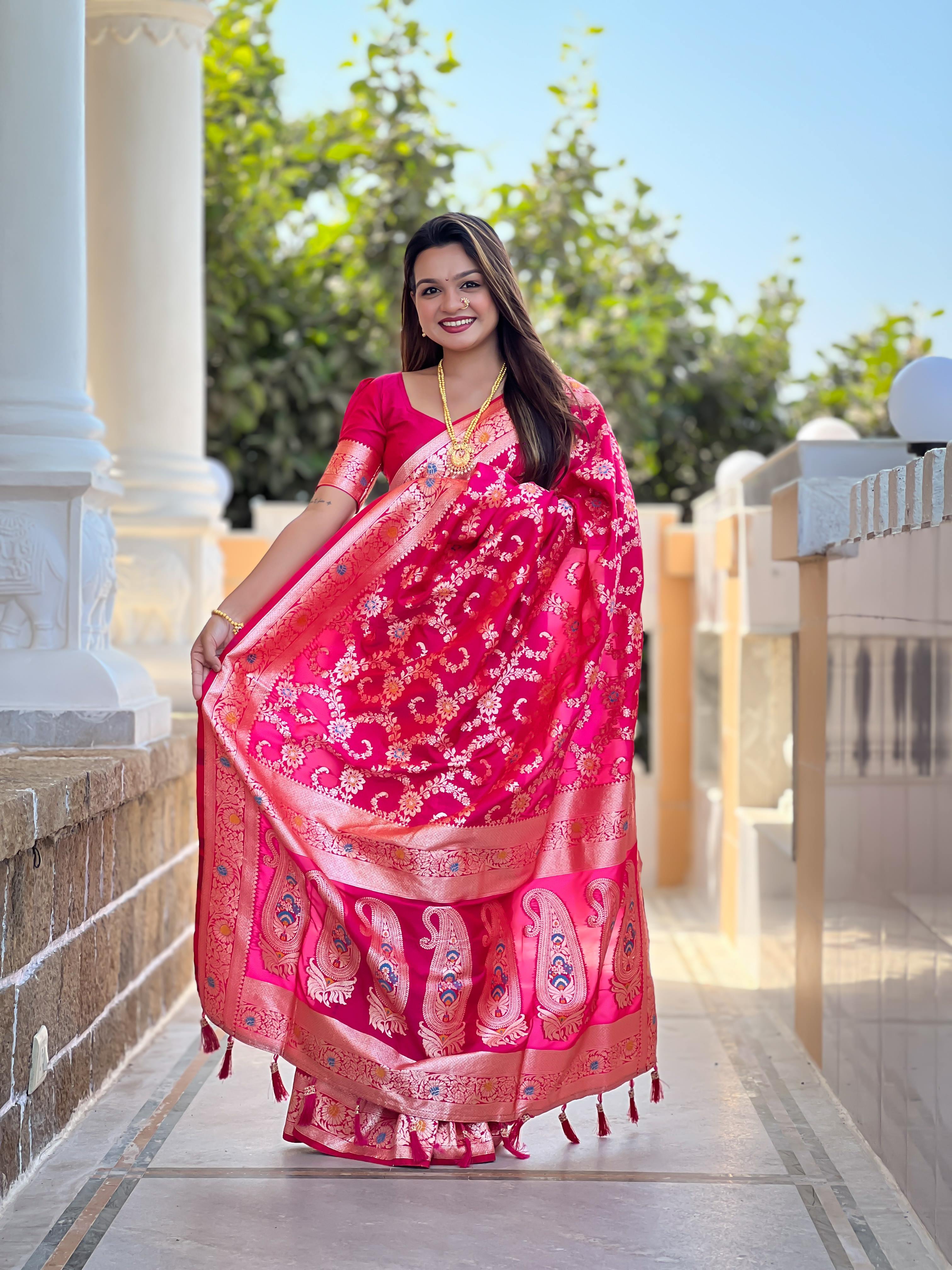 Rani Pink Varni Fabrics Women Geometric Banarasi Silk Tassels and Latkans Saree comes With Matching Blouse