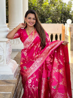Rani Pink Varni Fabrics Women Floral Banarasi Silk Woven Saree comes With Matching Blouse