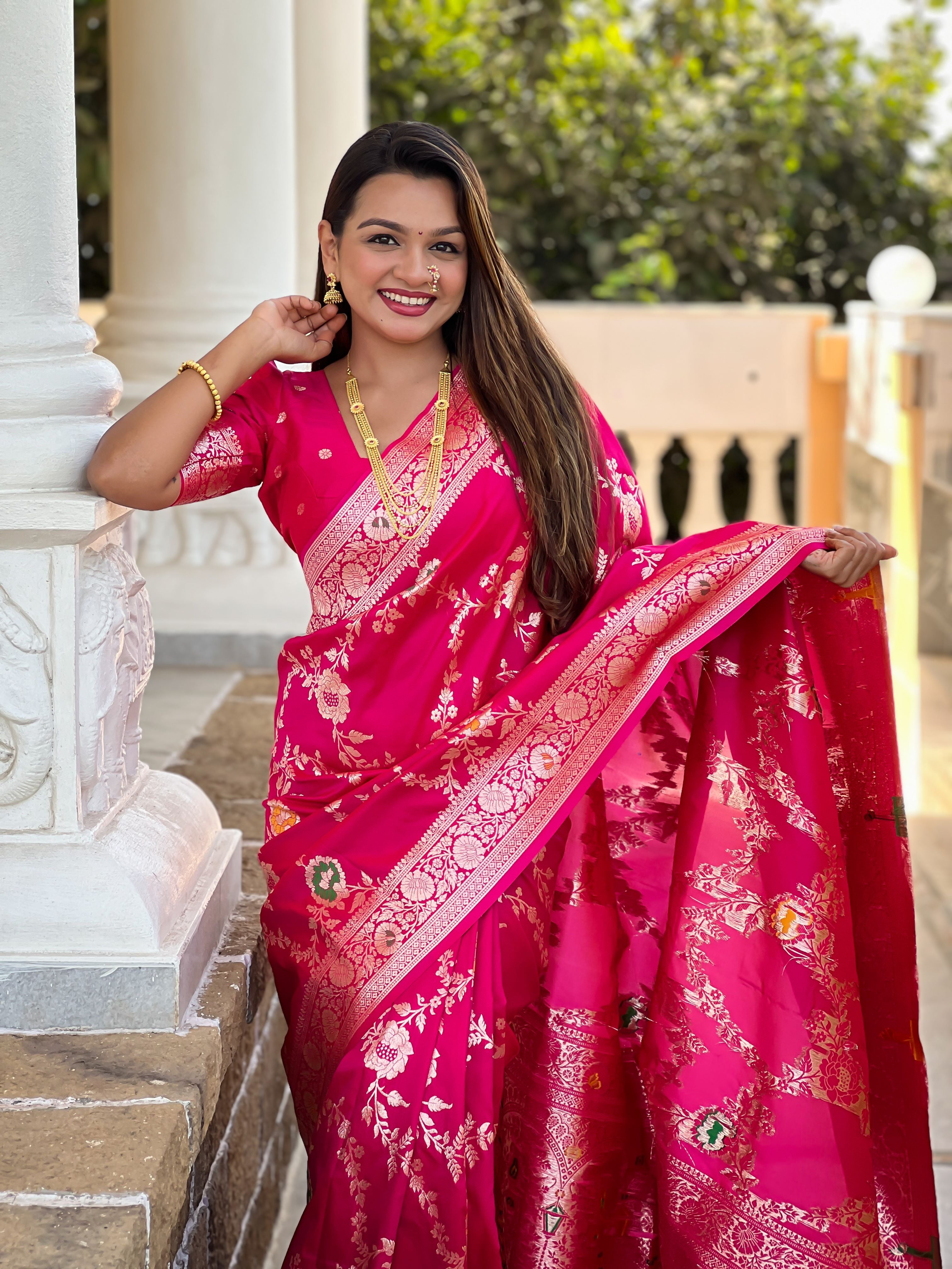 Rani Pink Varni Fabrics Women Floral Banarasi Silk Woven Saree comes With Matching Blouse