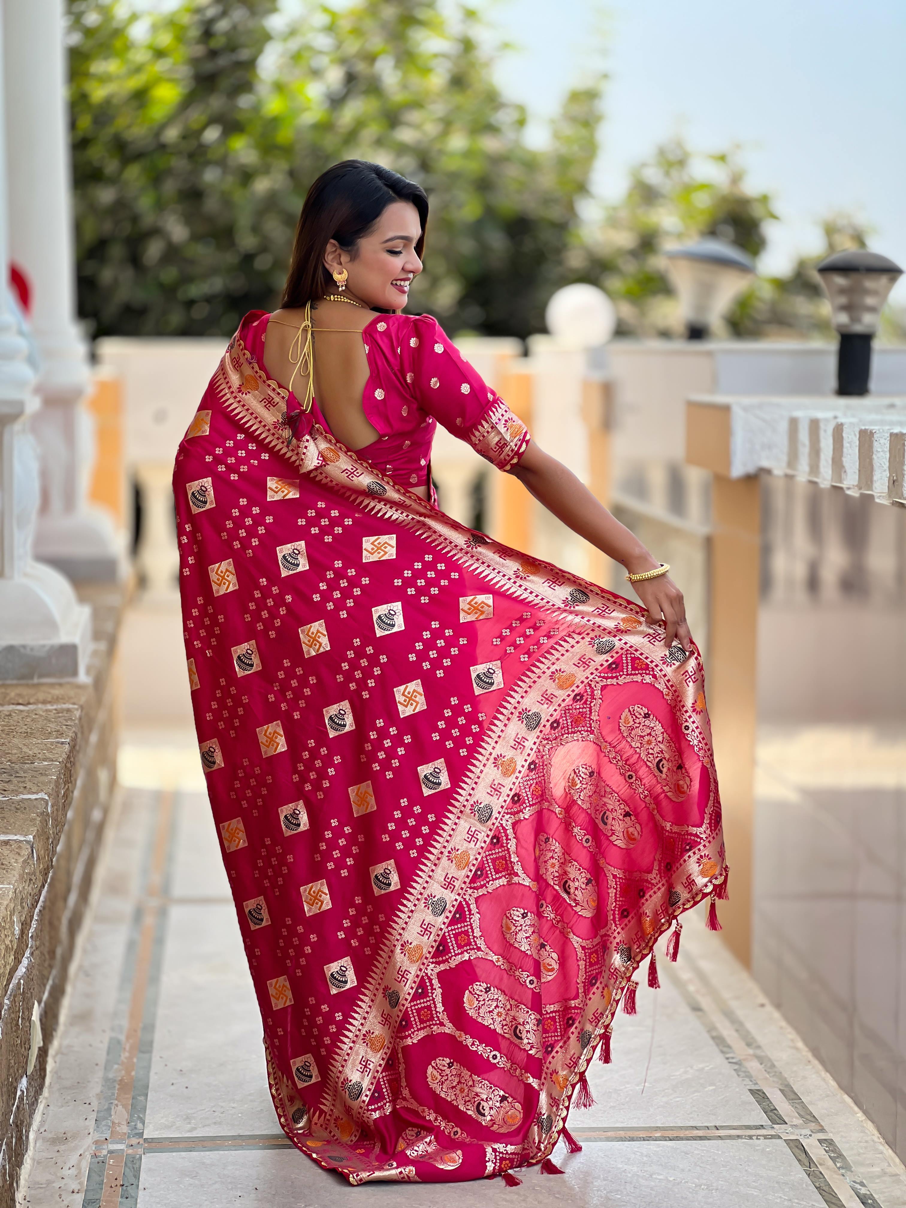 Rani Pink Varni Fabrics Women Floral Dolla Silk Tassels and Latkans Saree comes With Matching Blouse