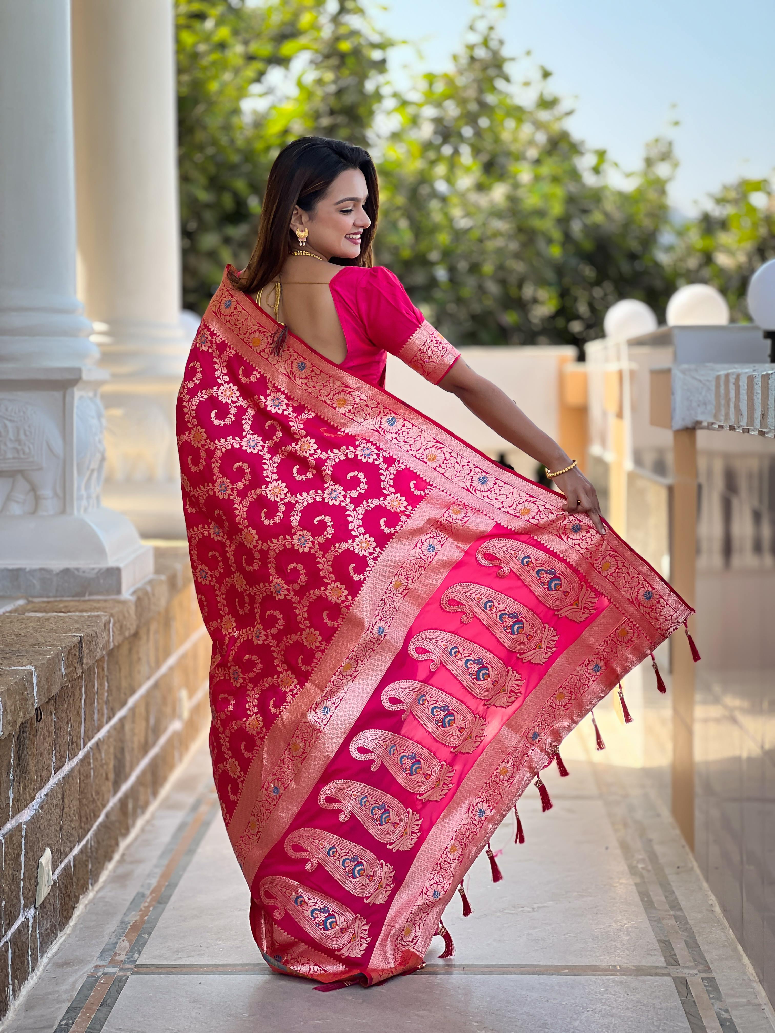 Rani Pink Varni Fabrics Women Geometric Banarasi Silk Tassels and Latkans Saree comes With Matching Blouse