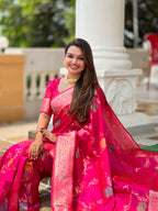 Rani Pink Designer Banarasi Silk Saree for Women –  Woven Floral Saree with Blouse