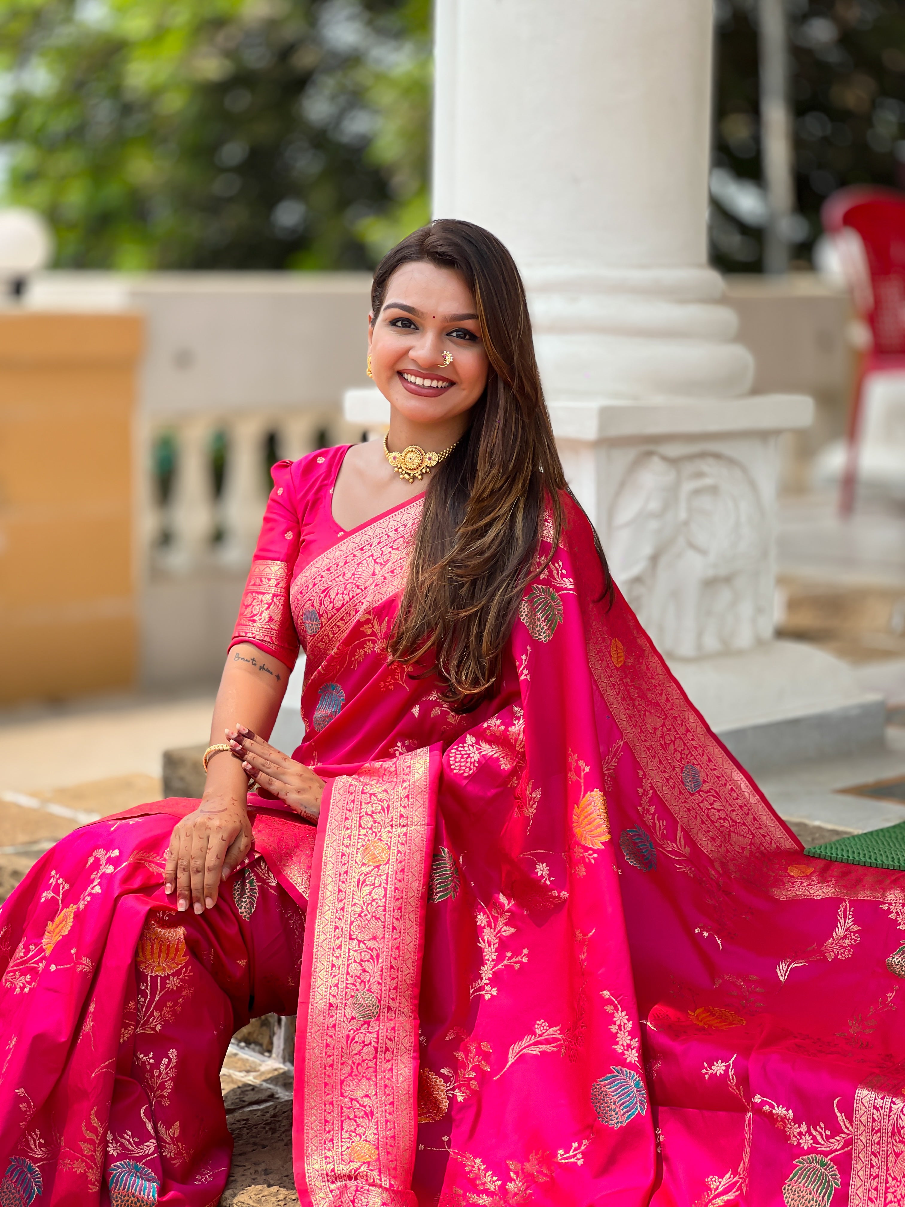 Rani Pink Designer Banarasi Silk Saree for Women –  Woven Floral Saree with Blouse