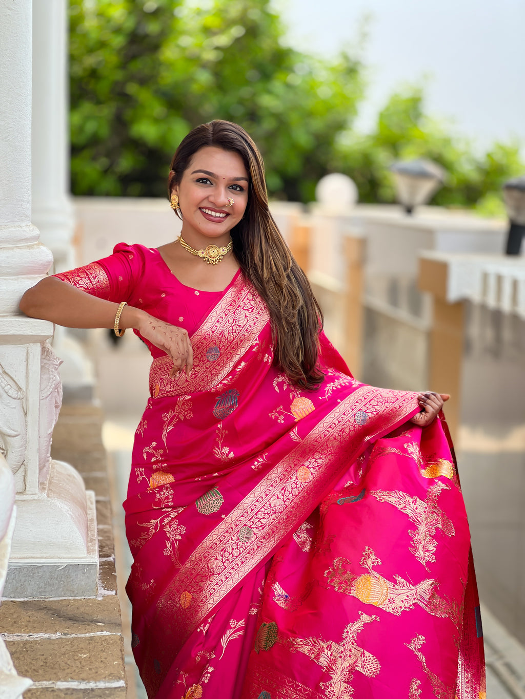 Rani Pink Designer Banarasi Silk Saree for Women –  Woven Floral Saree with Blouse