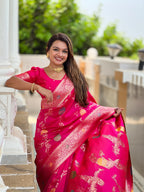 Rani Pink Designer Banarasi Silk Saree for Women –  Woven Floral Saree with Blouse