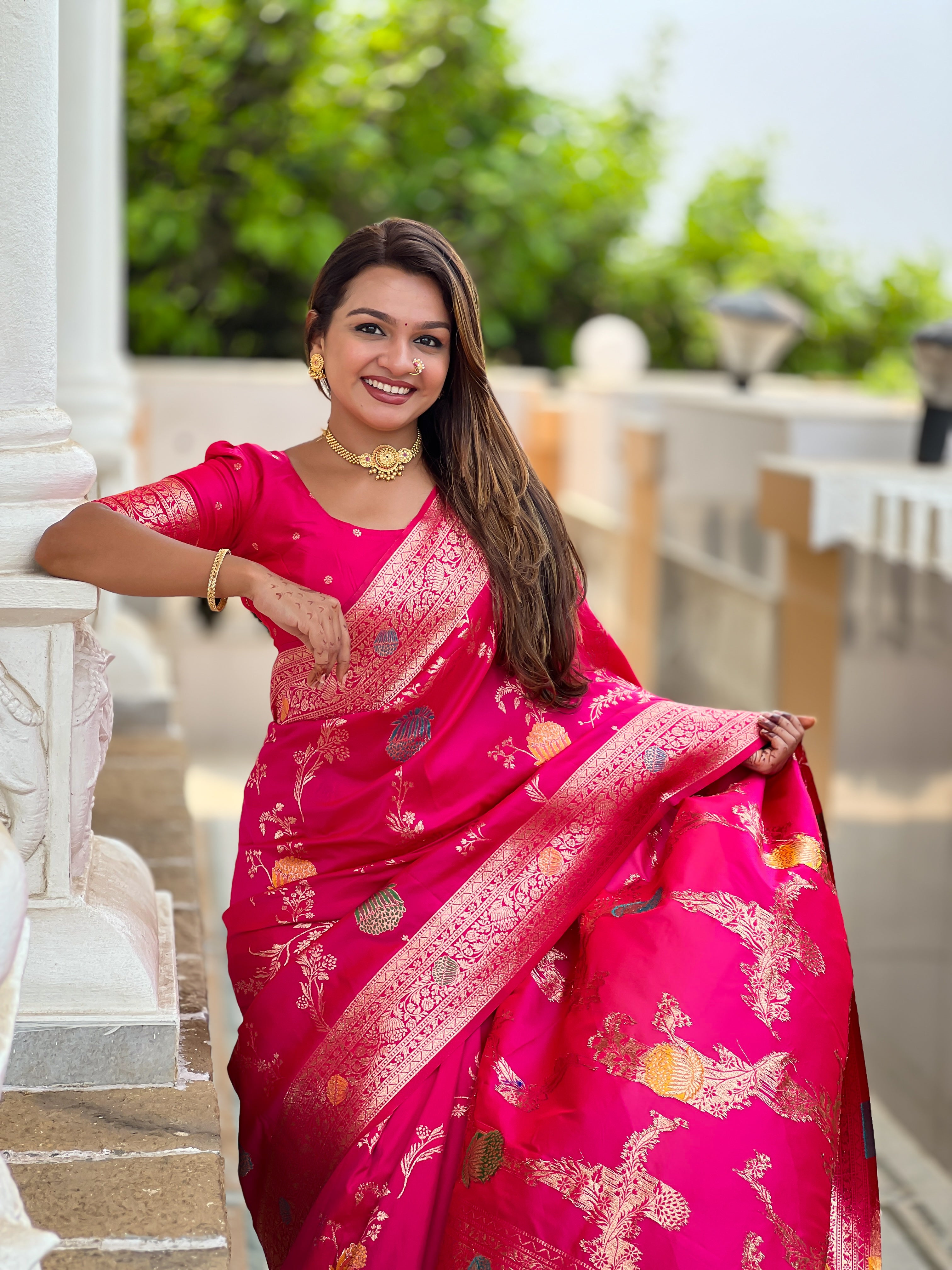 Rani Pink Designer Banarasi Silk Saree for Women –  Woven Floral Saree with Blouse