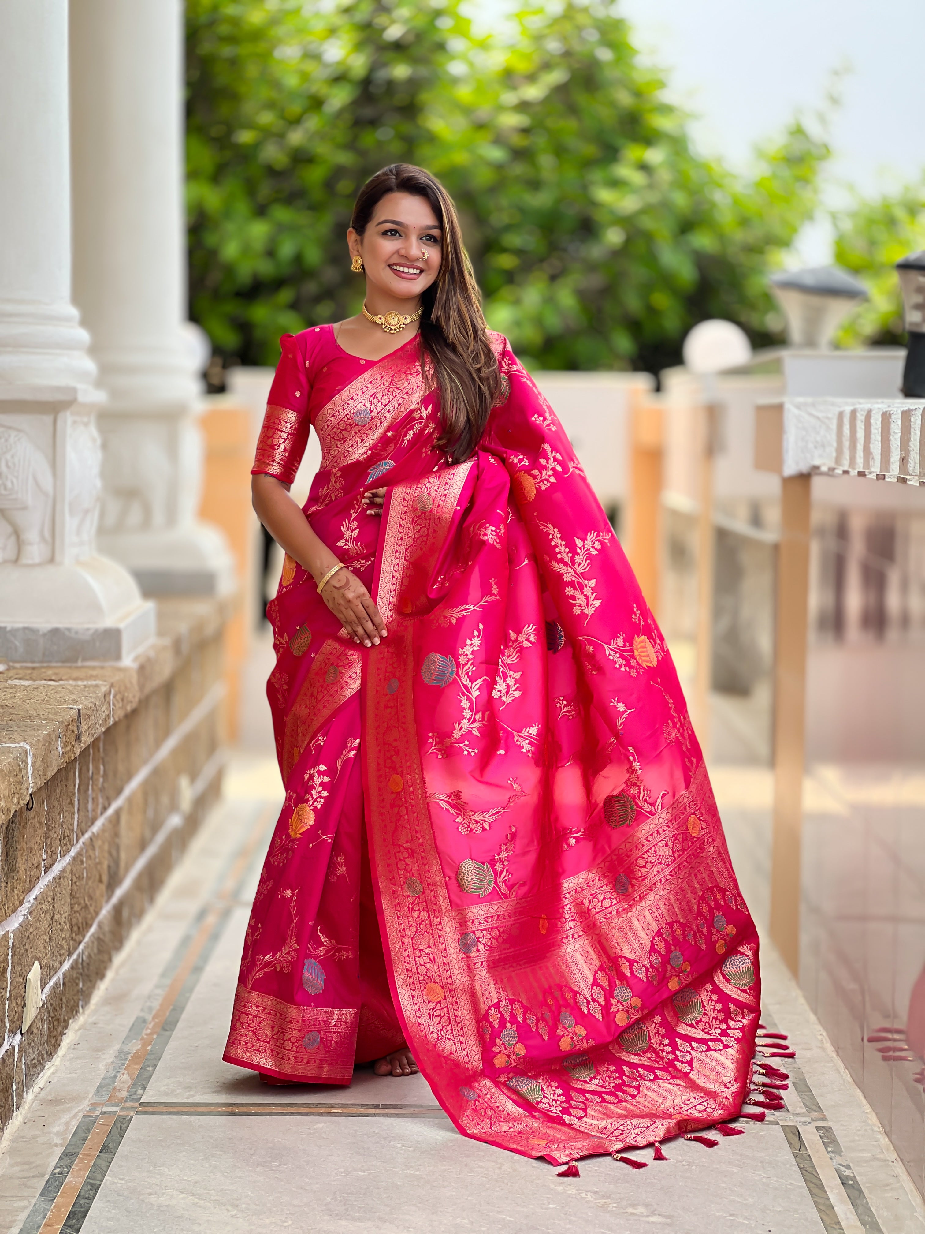 Rani Pink Designer Banarasi Silk Saree for Women –  Woven Floral Saree with Blouse