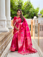 Rani Pink Designer Banarasi Silk Saree for Women –  Woven Floral Saree with Blouse