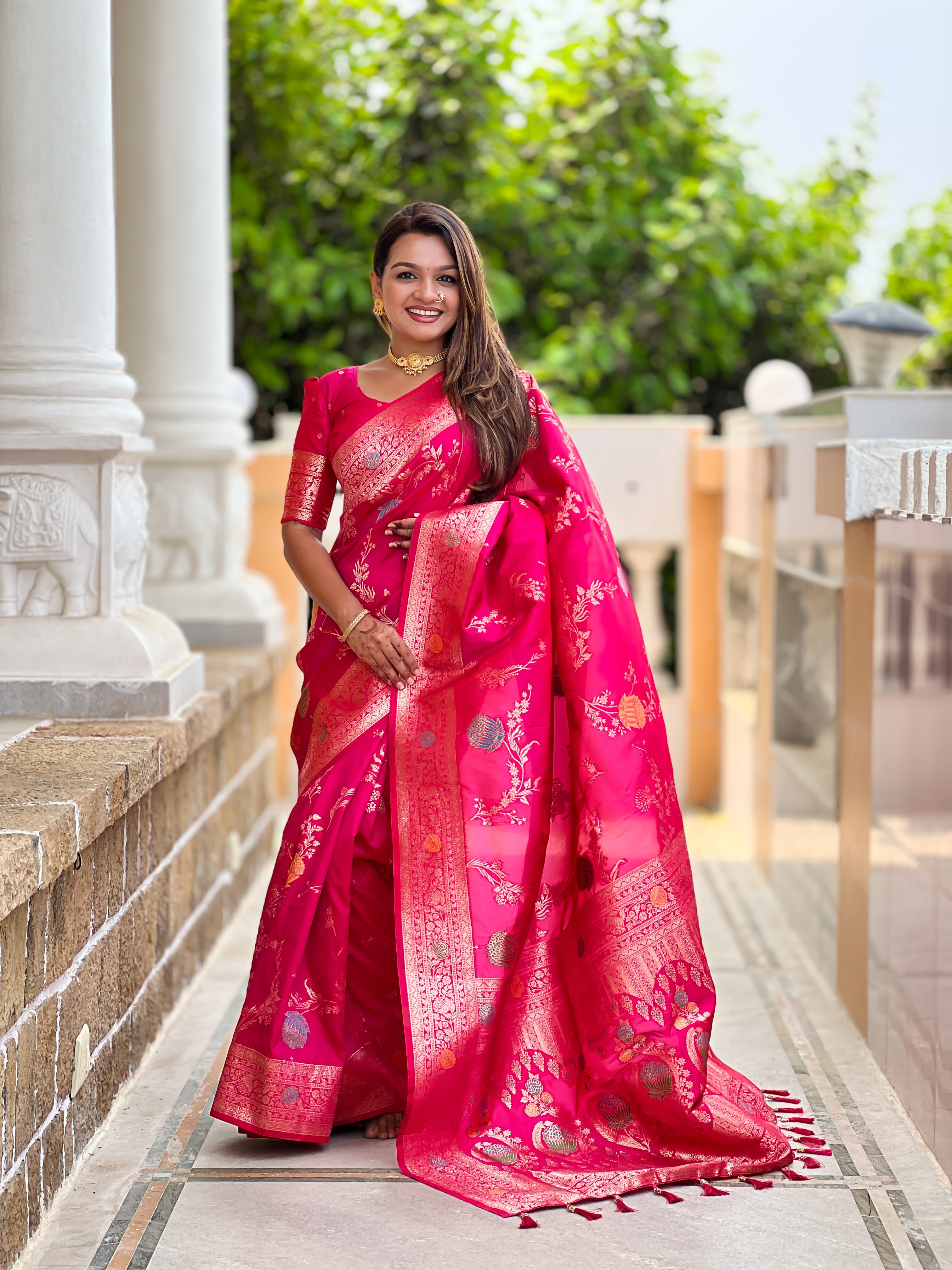Rani Pink Designer Banarasi Silk Saree for Women –  Woven Floral Saree with Blouse