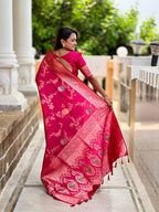 Rani Pink Designer Banarasi Silk Saree for Women –  Woven Floral Saree with Blouse