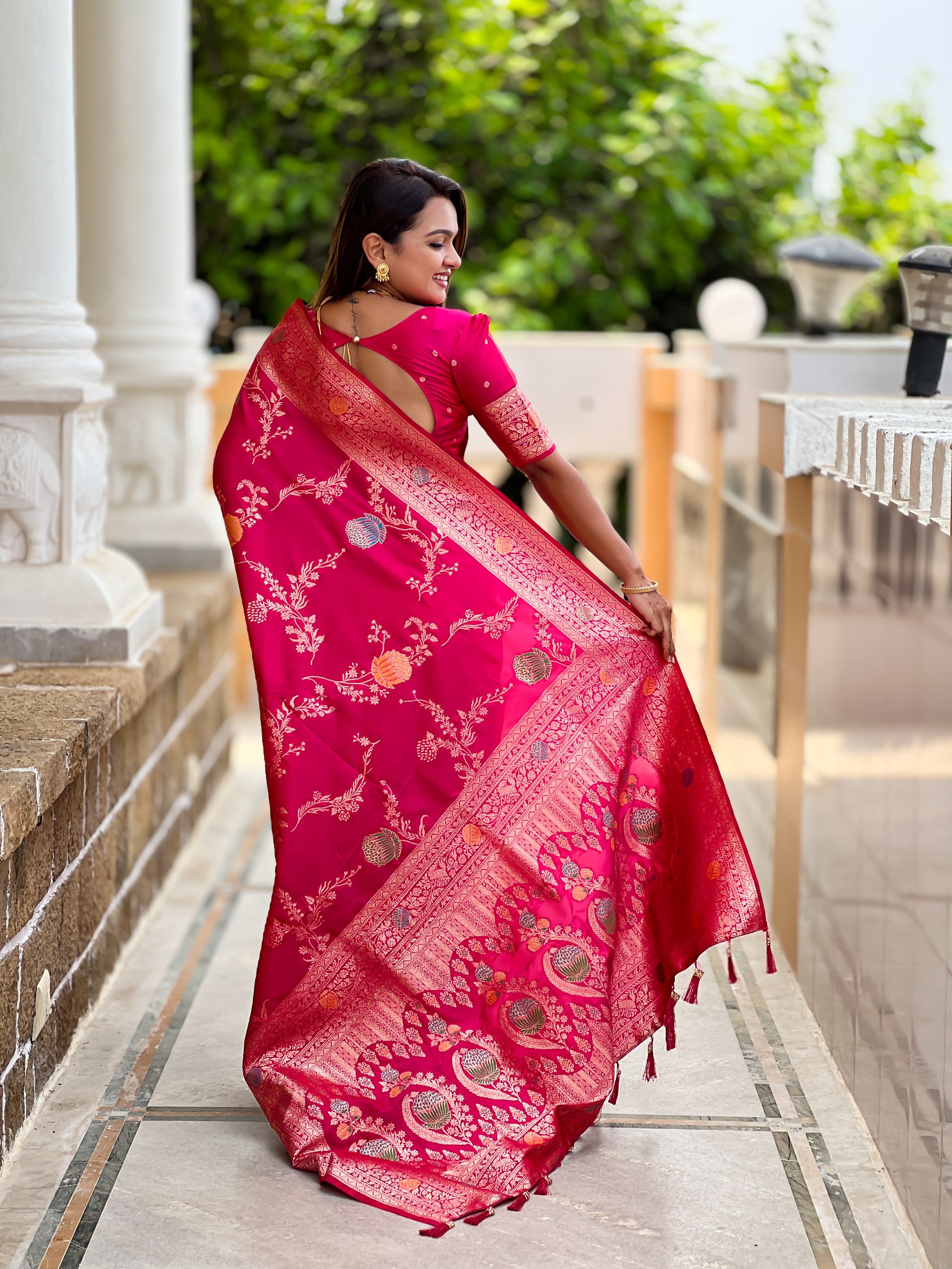 Rani Pink Designer Banarasi Silk Saree for Women –  Woven Floral Saree with Blouse