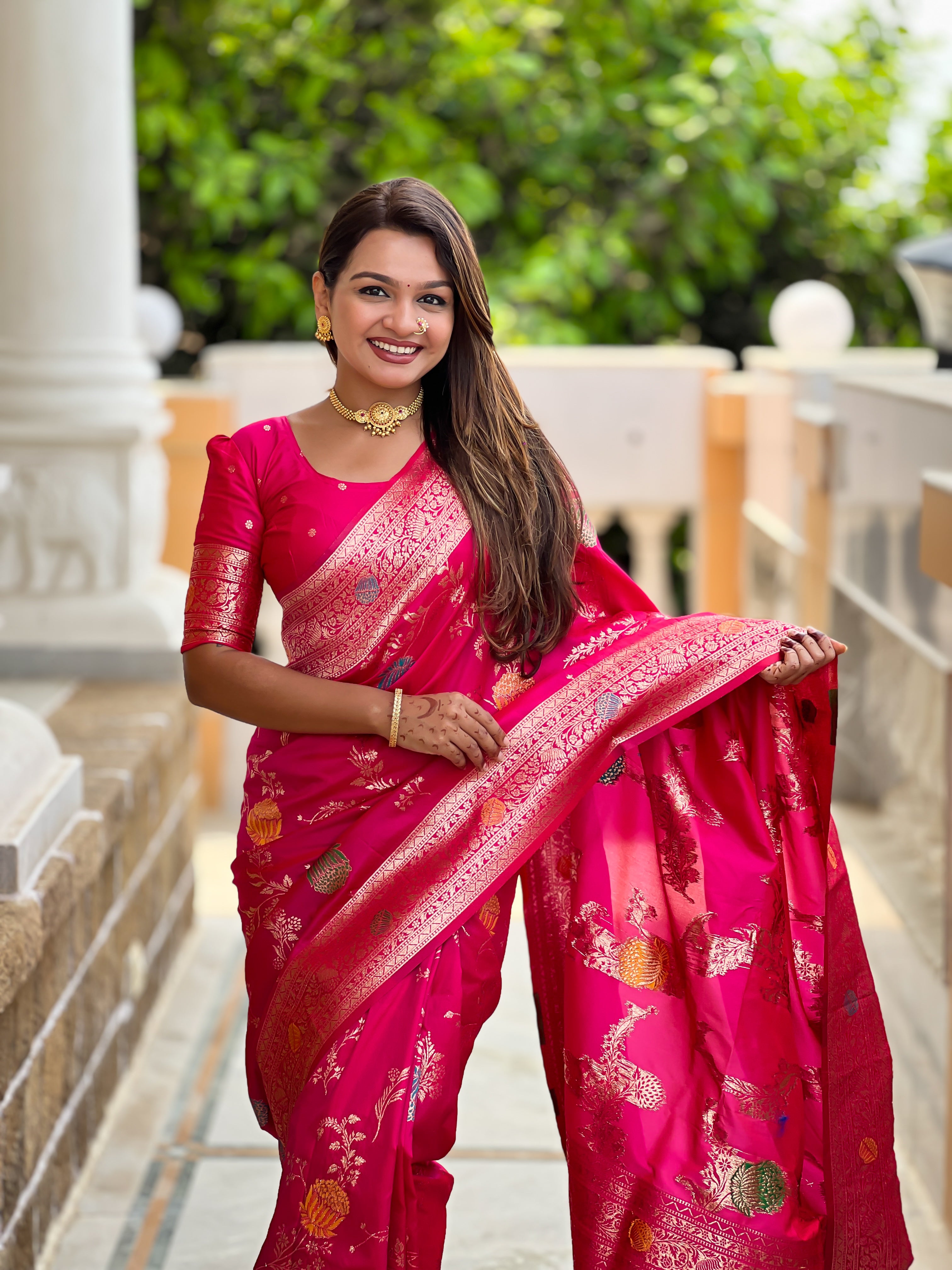 Rani Pink Designer Banarasi Silk Saree for Women –  Woven Floral Saree with Blouse