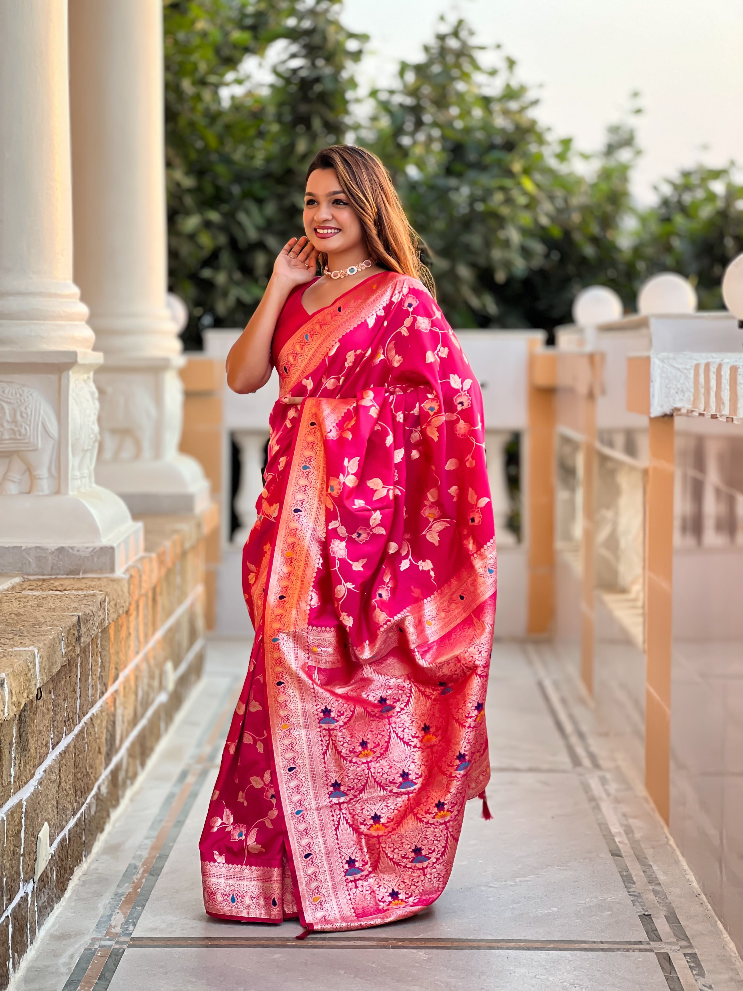 Rani Pink Varni Fabrics Women's Traditional Banarasi Silk Saree with Woven Design & Blouse